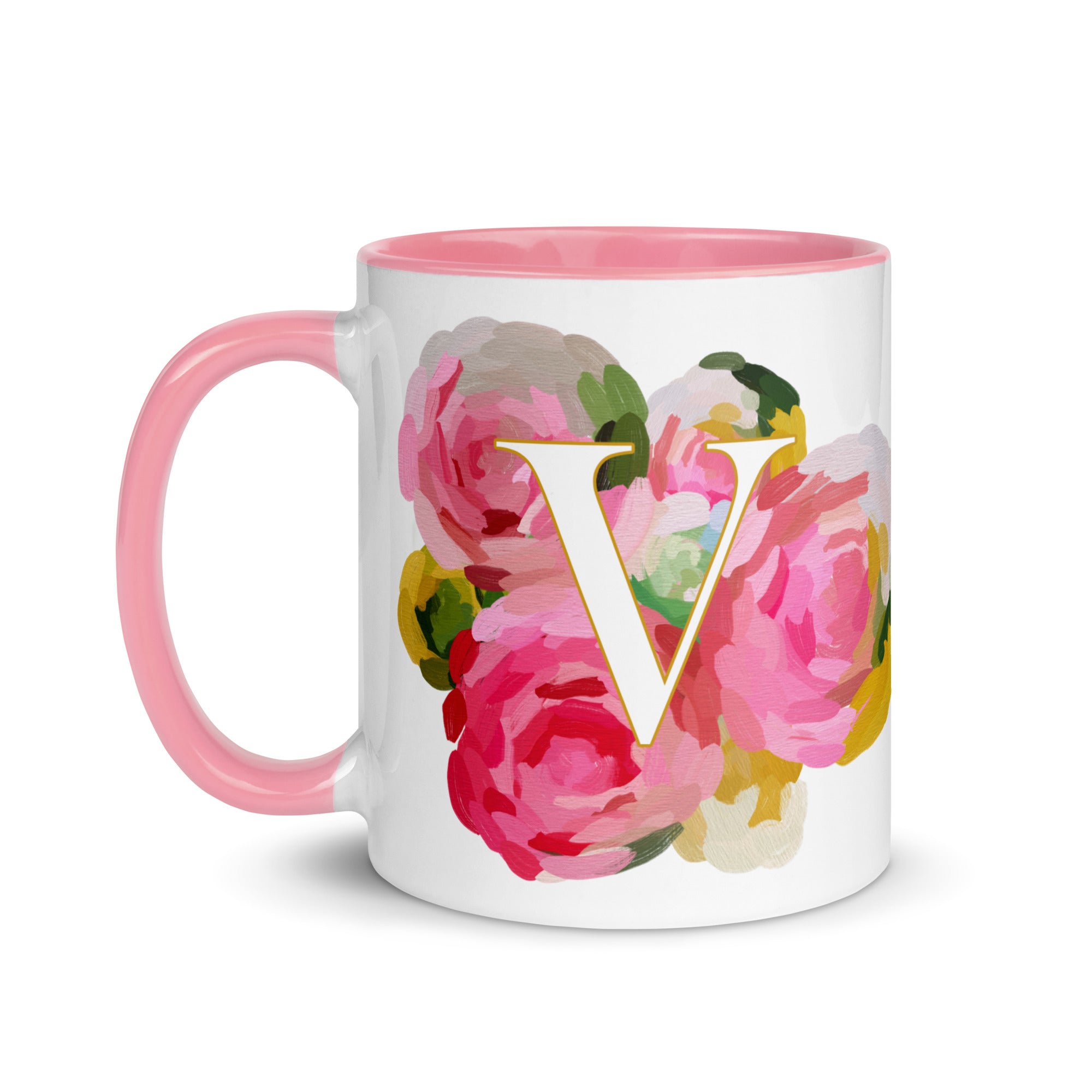 Pink Flowers Monogram Ceramic Mug - Letter V - Pretty coffee and tea mug for flower lovers. Colored on the inside and the handle. Art by Parima Studio. Chic floral mug