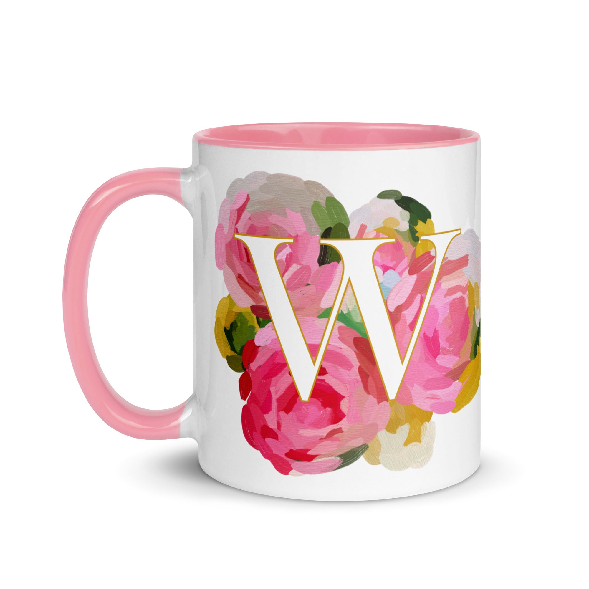 Pink Flowers Monogram Ceramic Mug - Letter W - Pretty coffee and tea mug for flower lovers. Colored on the inside and the handle. Art by Parima Studio. Chic floral mug
