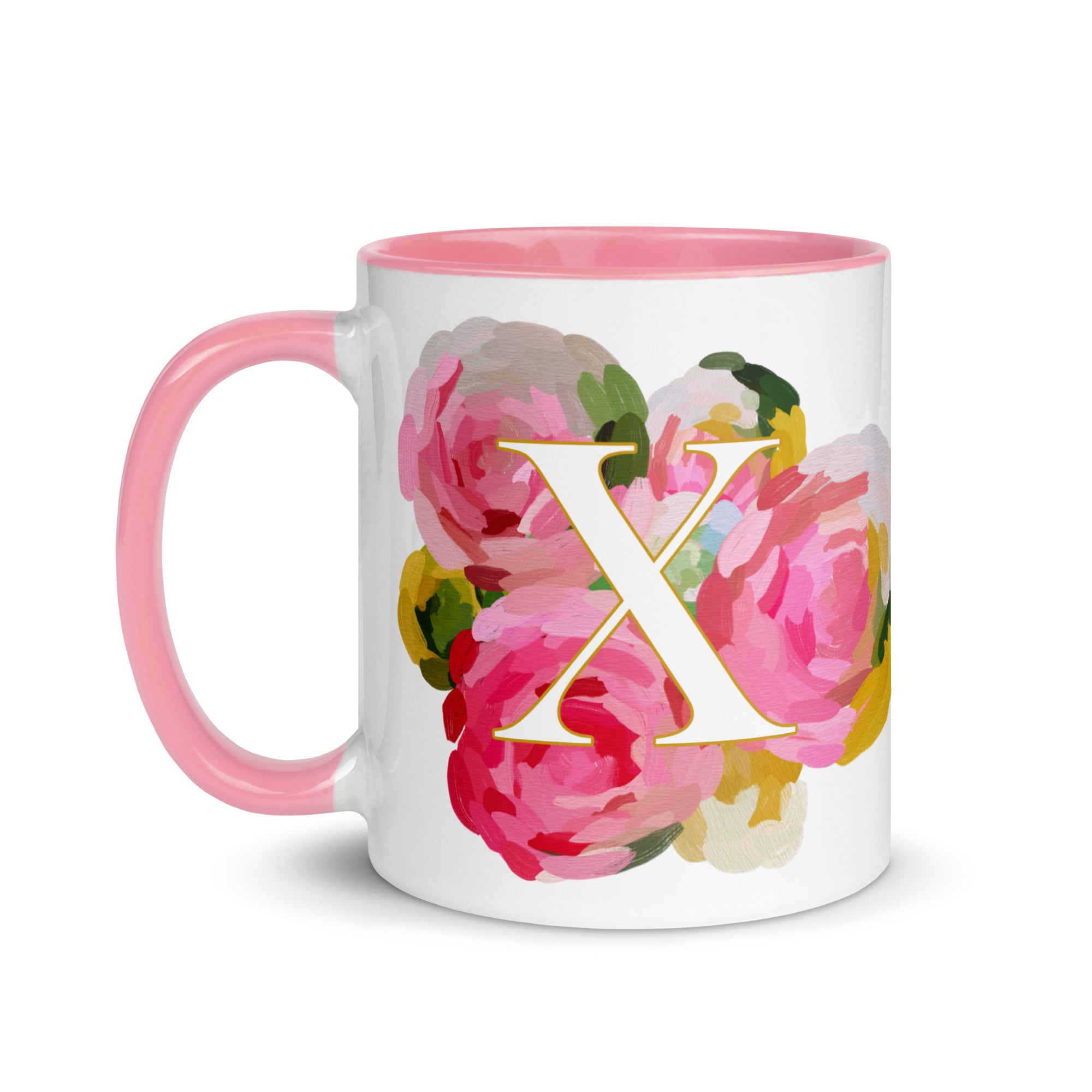 Pink Flowers Monogram Ceramic Mug - Letter X - Pretty coffee and tea mug for flower lovers. Colored on the inside and the handle. Art by Parima Studio. Chic floral mug