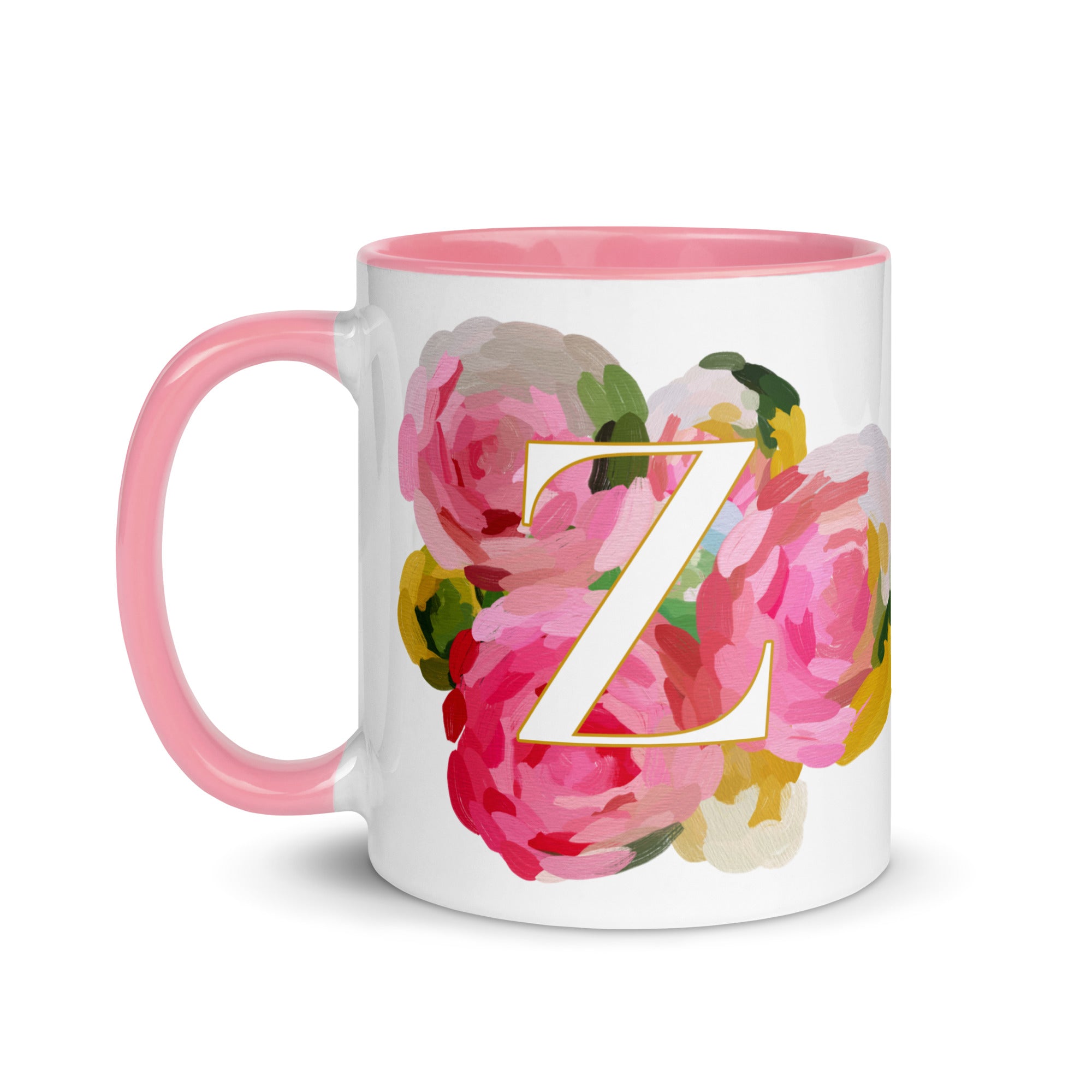 Pink Flowers Monogram Ceramic Mug - Letter Z - Pretty coffee and tea mug for flower lovers. Colored on the inside and the handle. Art by Parima Studio. Chic floral mug
