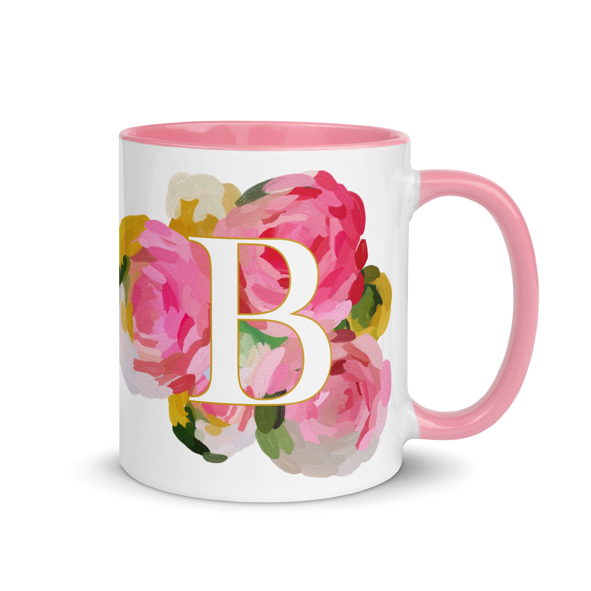 Pink Flowers Monogram Ceramic Mug - Letter B - Pretty coffee and tea mug for flower lovers. Colored on the inside and the handle. Art by Parima Studio. Chic floral mug