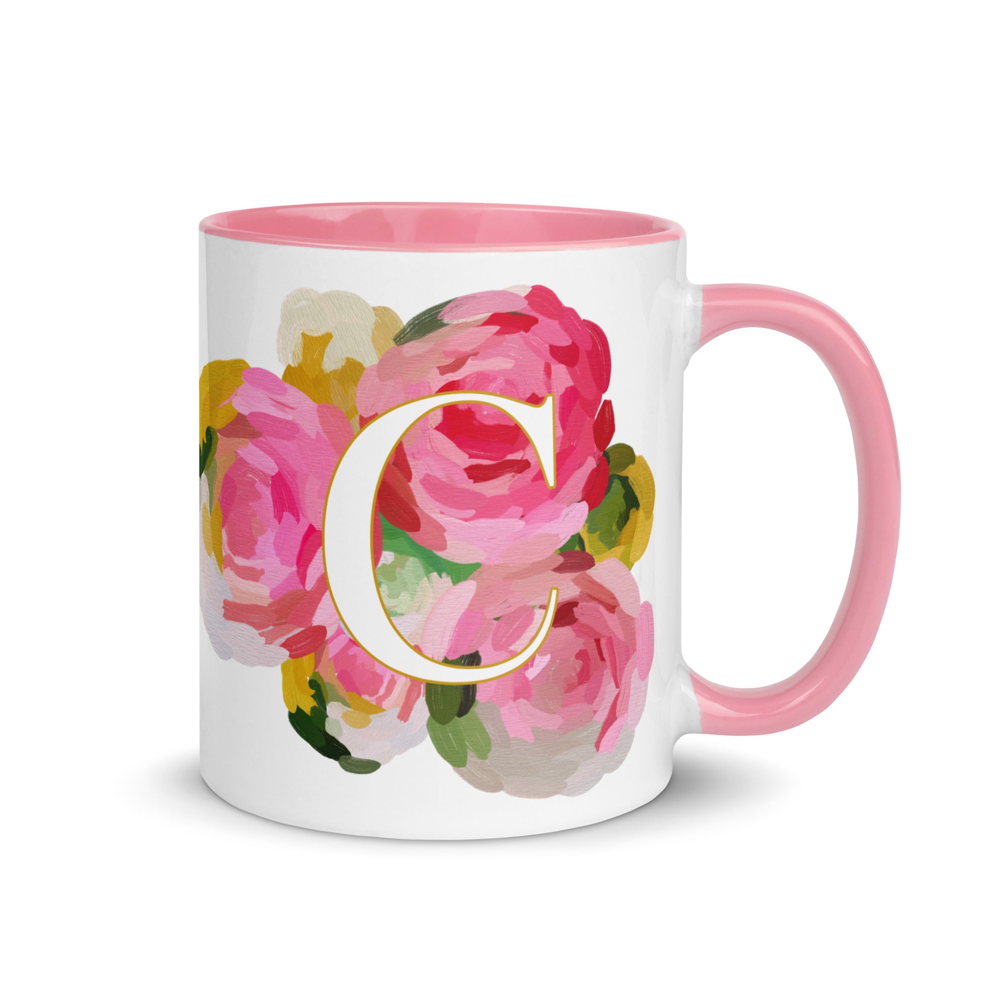 Pink Flowers Monogram Ceramic Mug - Letter C - Pretty coffee and tea mug for flower lovers. Colored on the inside and the handle. Art by Parima Studio. Chic floral mug