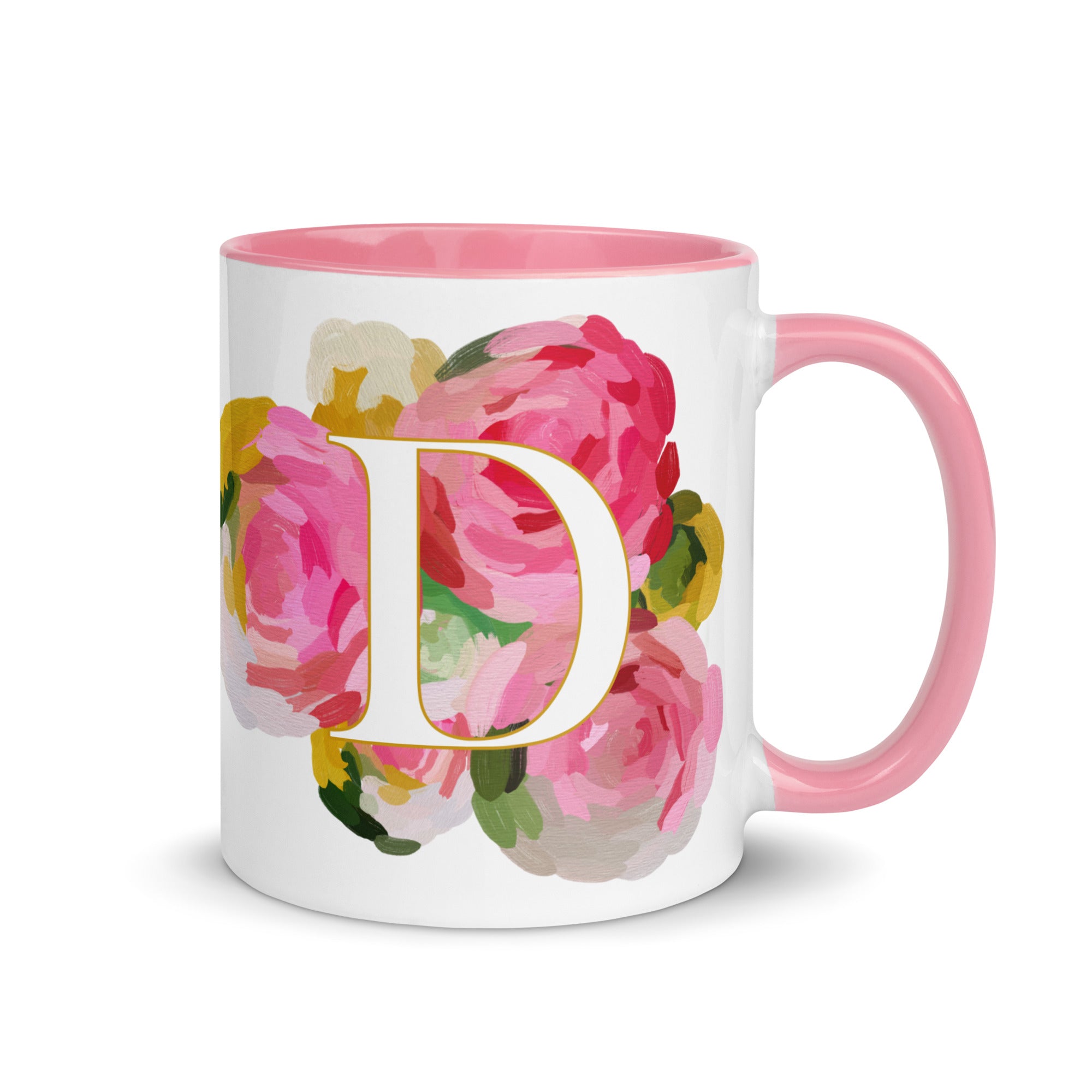 Pink Flowers Monogram Ceramic Mug - Letter D - Pretty coffee and tea mug for flower lovers. Colored on the inside and the handle. Art by Parima Studio. Chic floral mug