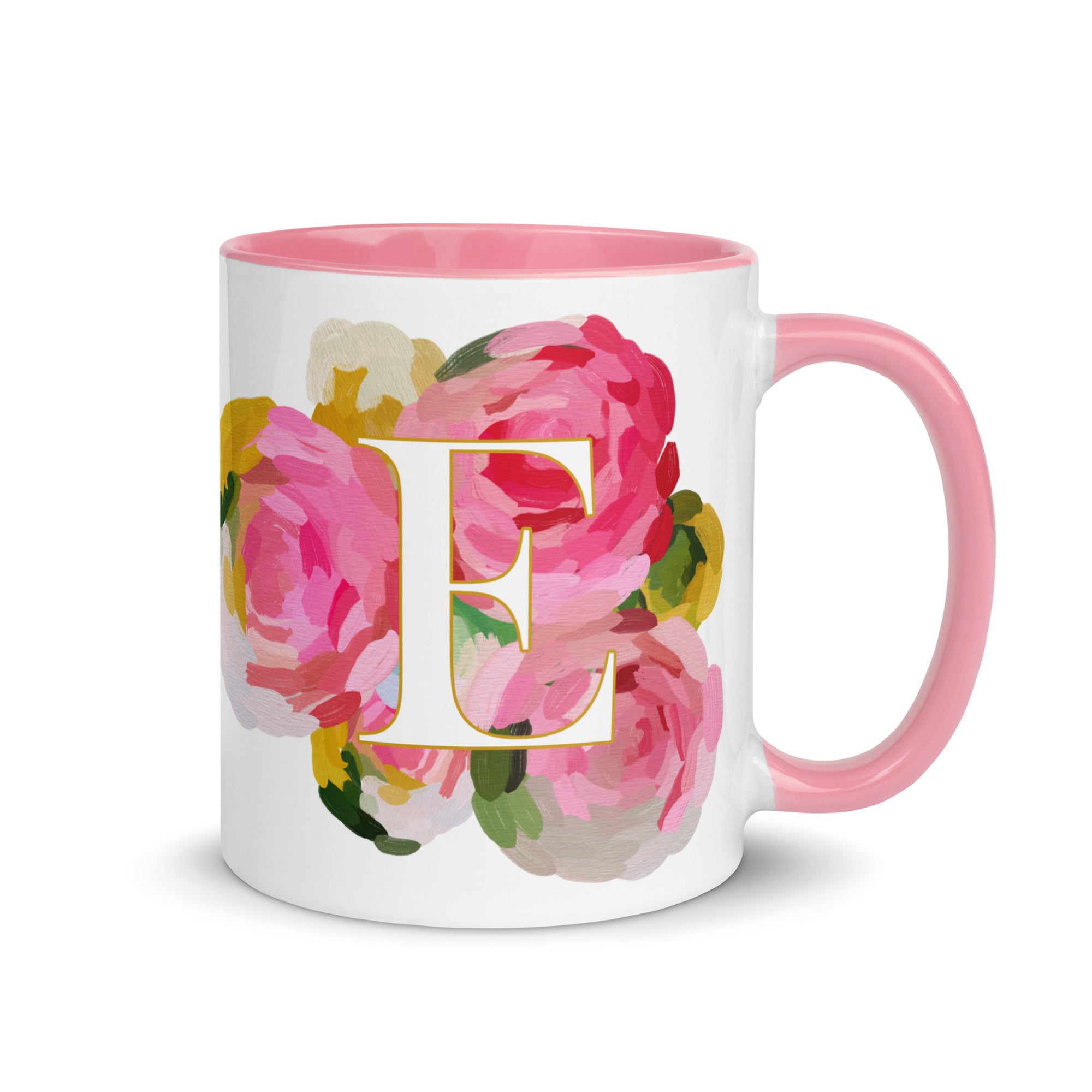 Pink Flowers Monogram Ceramic Mug - Letter A - Pretty coffee and tea mug for flower lovers. Colored on the inside and the handle. Art by Parima Studio. Chic floral mug