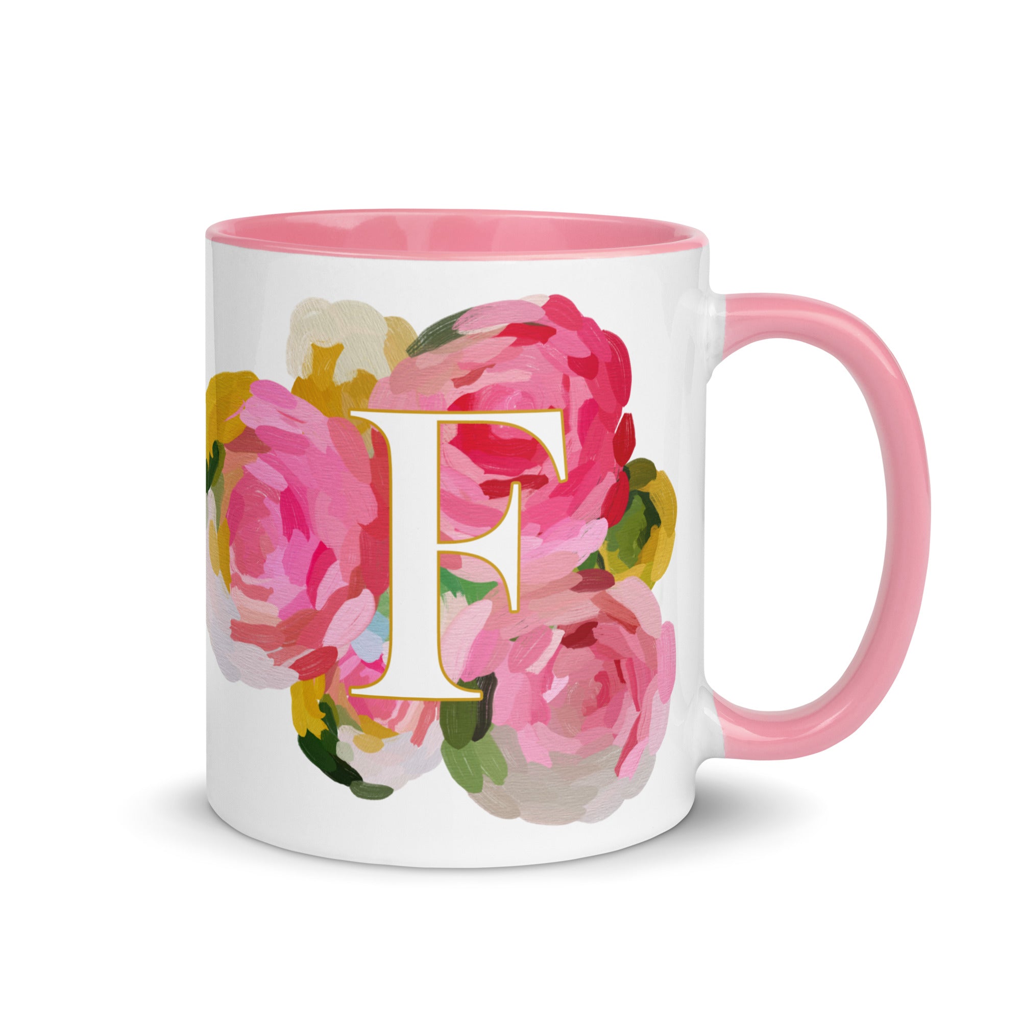 Pink Flowers Monogram Ceramic Mug - Letter F - Pretty coffee and tea mug for flower lovers. Colored on the inside and the handle. Art by Parima Studio. Chic floral mug