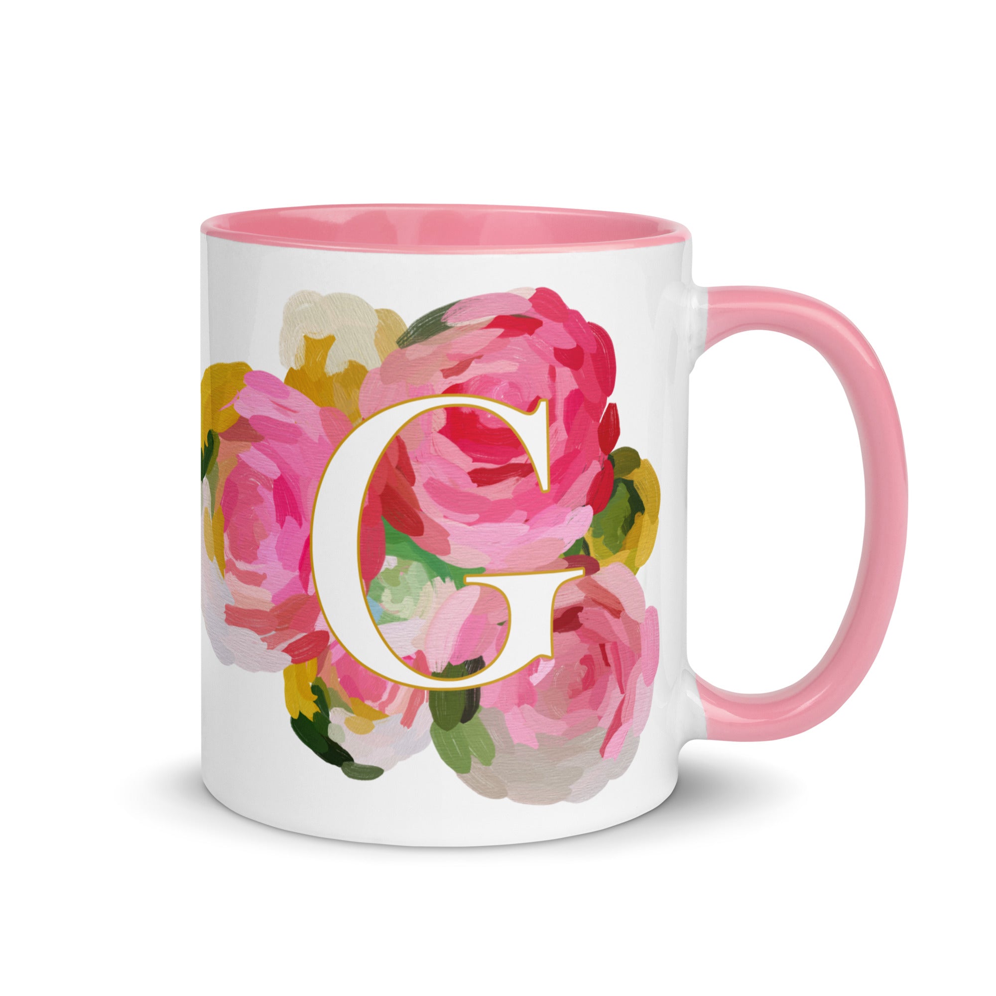 Pink Flowers Monogram Ceramic Mug - Letter G - Pretty coffee and tea mug for flower lovers. Colored on the inside and the handle. Art by Parima Studio. Chic floral mug