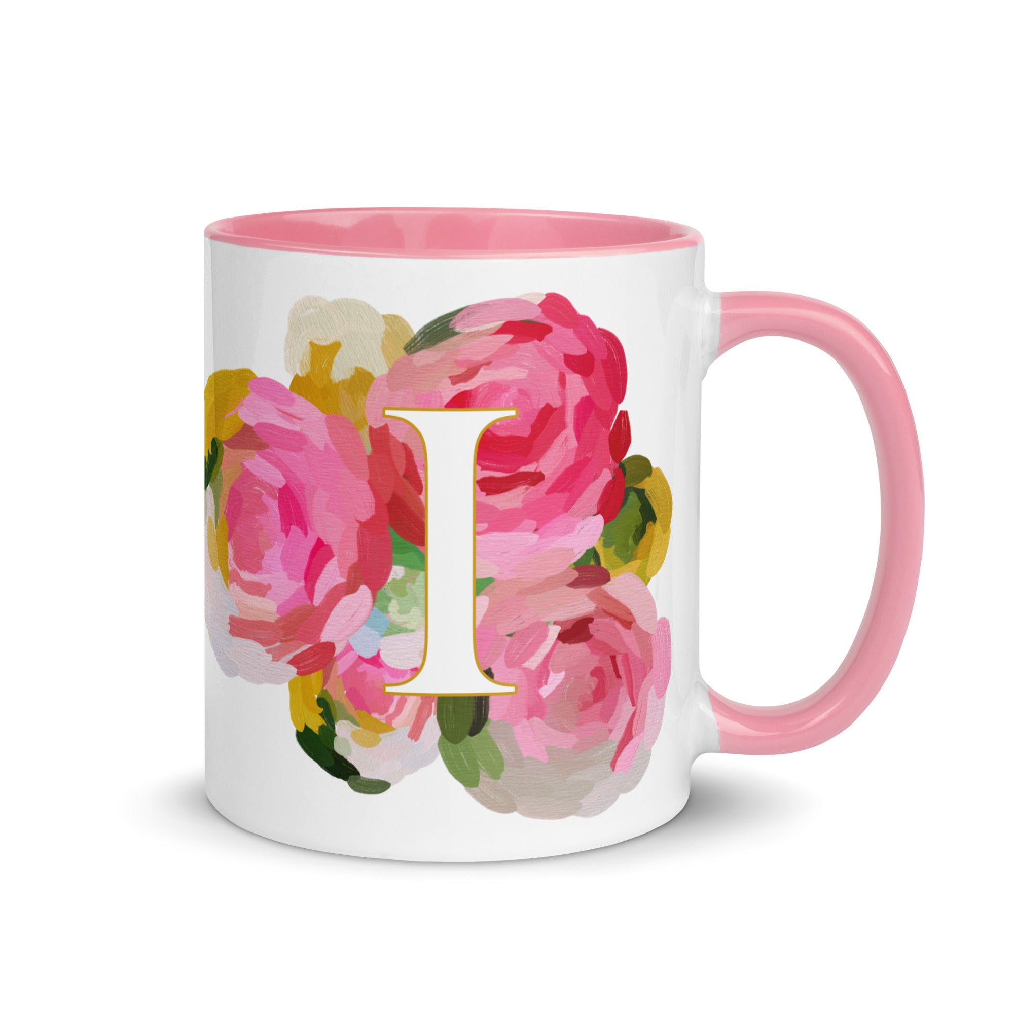 Pink Flowers Monogram Ceramic Mug - Letter I - Pretty coffee and tea mug for flower lovers. Colored on the inside and the handle. Art by Parima Studio. Chic floral mug