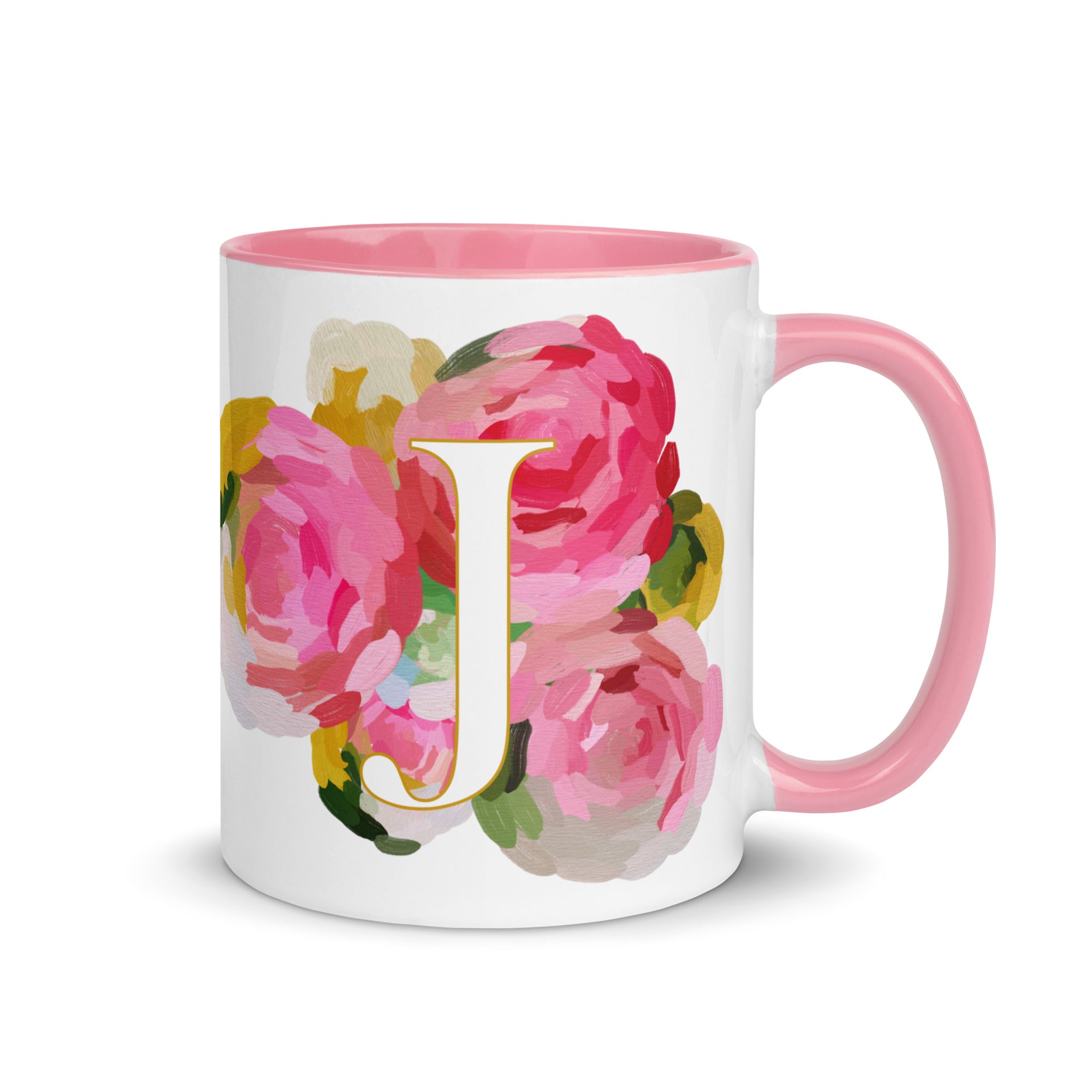 Pink Flowers Monogram Ceramic Mug - Letter J - Pretty coffee and tea mug for flower lovers. Colored on the inside and the handle. Art by Parima Studio. Chic floral mug
