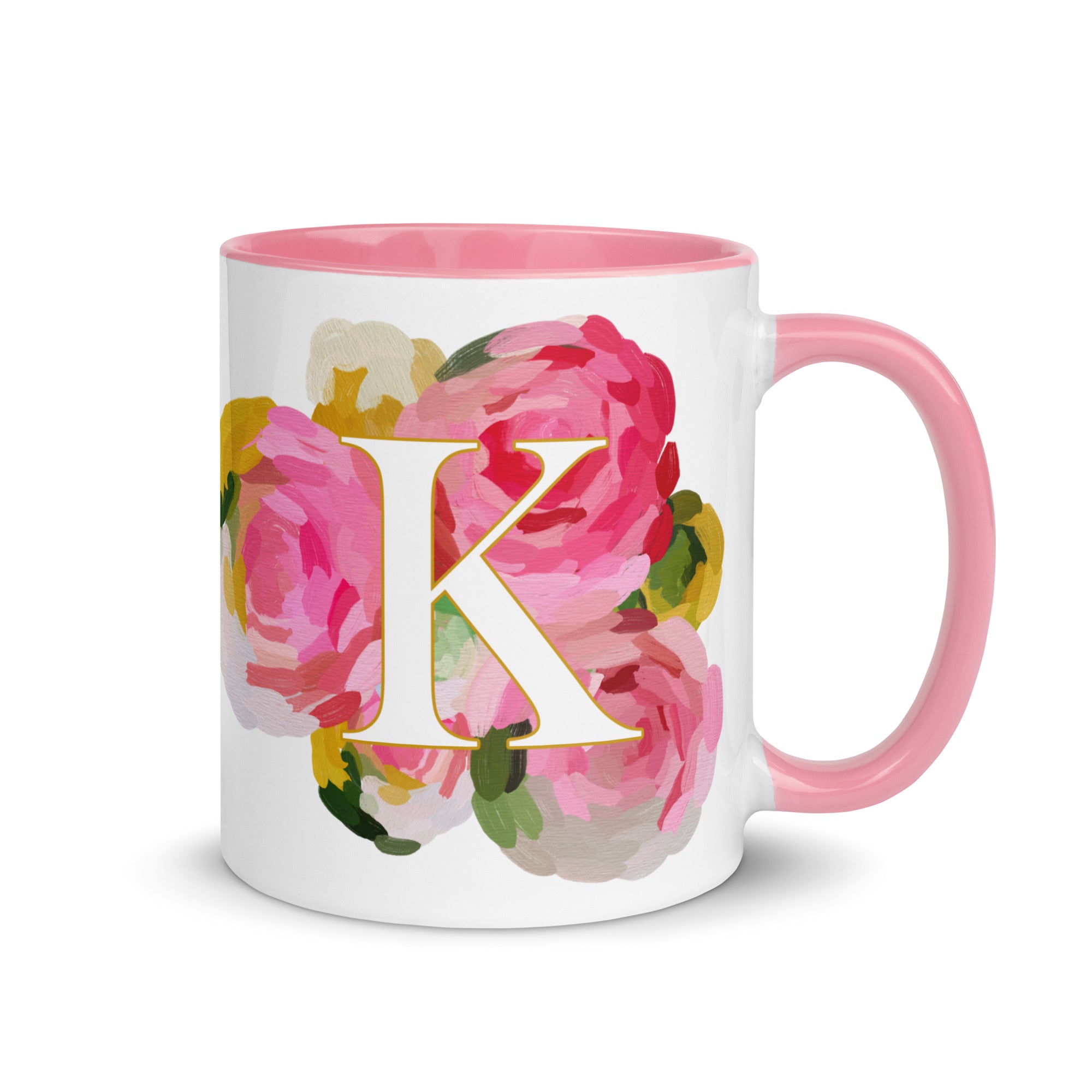 Pink Flowers Monogram Ceramic Mug - Letter K - Pretty coffee and tea mug for flower lovers. Colored on the inside and the handle. Art by Parima Studio. Chic floral mug