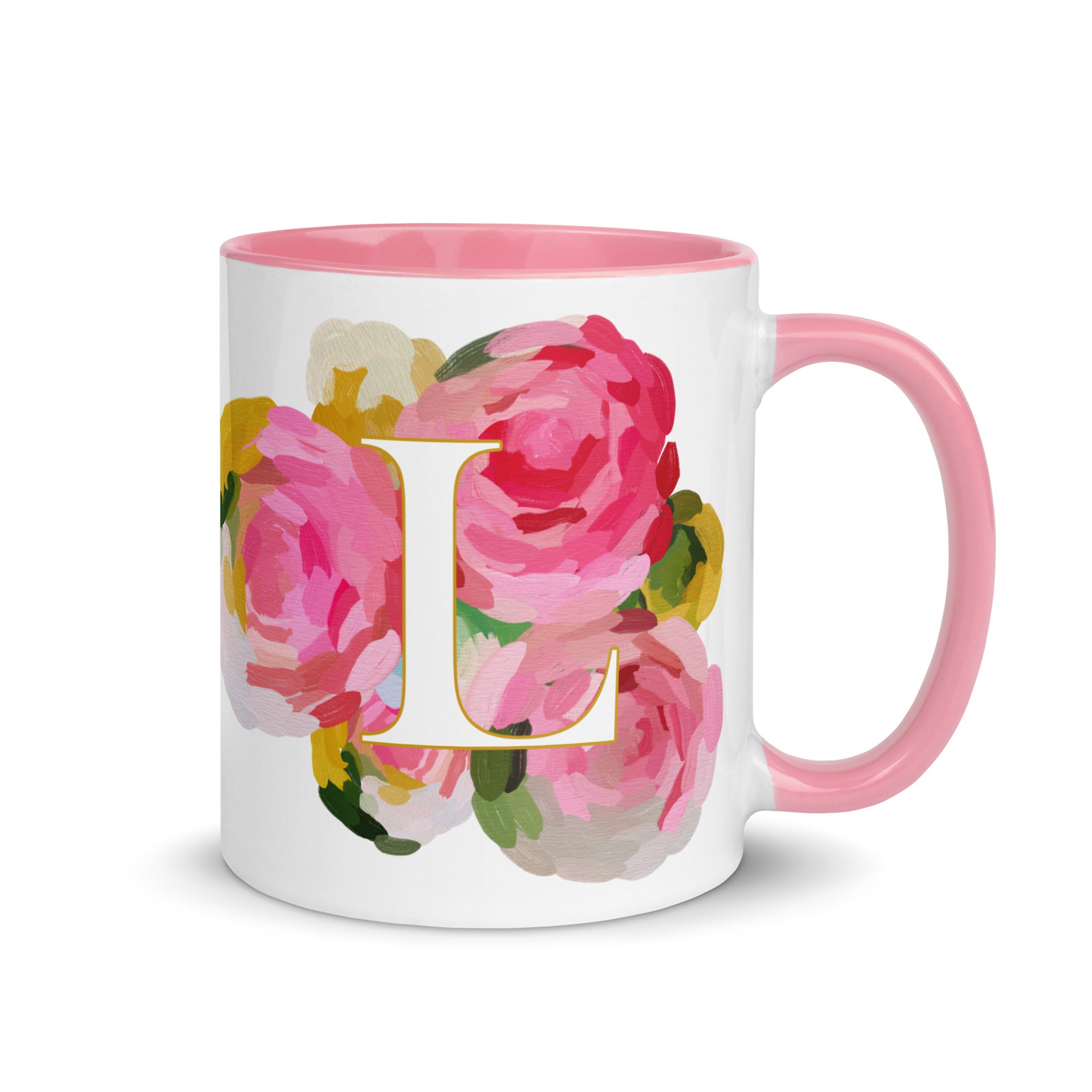 Pink Flowers Monogram Ceramic Mug - Letter L - Pretty coffee and tea mug for flower lovers. Colored on the inside and the handle. Art by Parima Studio. Chic floral mug
