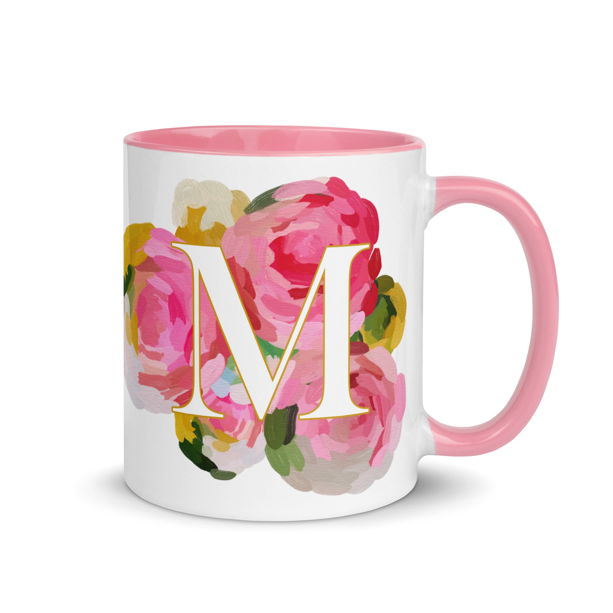Pink Flowers Monogram Ceramic Mug - Letter M - Pretty coffee and tea mug for flower lovers. Colored on the inside and the handle. Art by Parima Studio. Chic floral mug