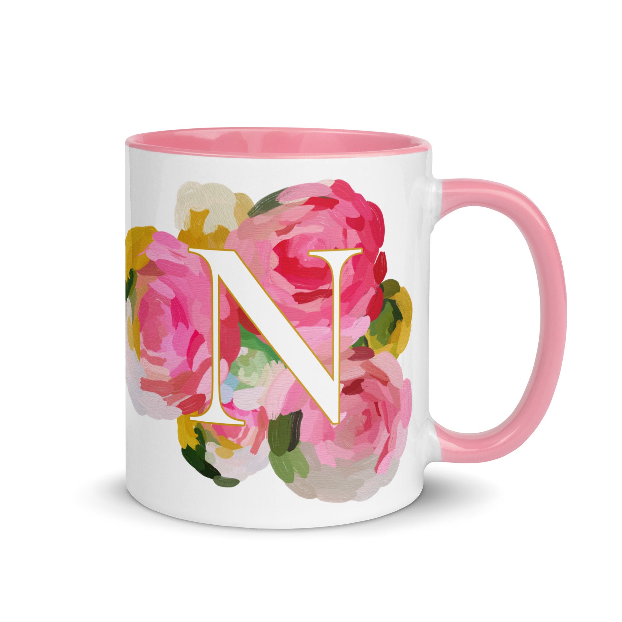 Pink Flowers Monogram Ceramic Mug - Letter N - Pretty coffee and tea mug for flower lovers. Colored on the inside and the handle. Art by Parima Studio. Chic floral mug