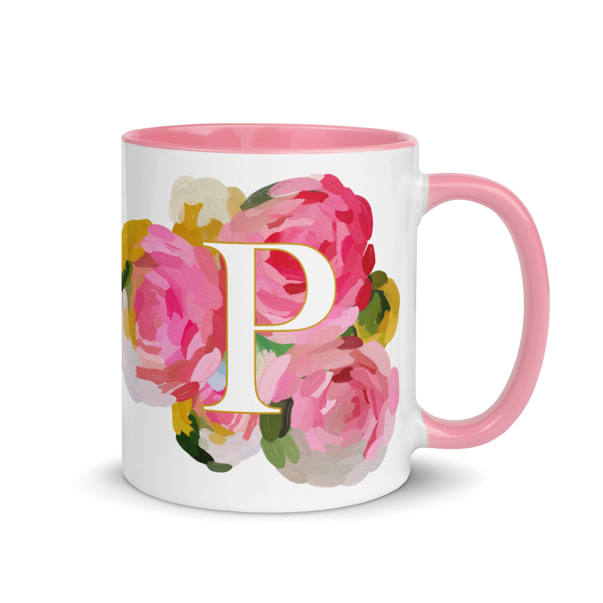 Pink Flowers Monogram Ceramic Mug - Letter P - Pretty coffee and tea mug for flower lovers. Colored on the inside and the handle. Art by Parima Studio. Chic floral mug