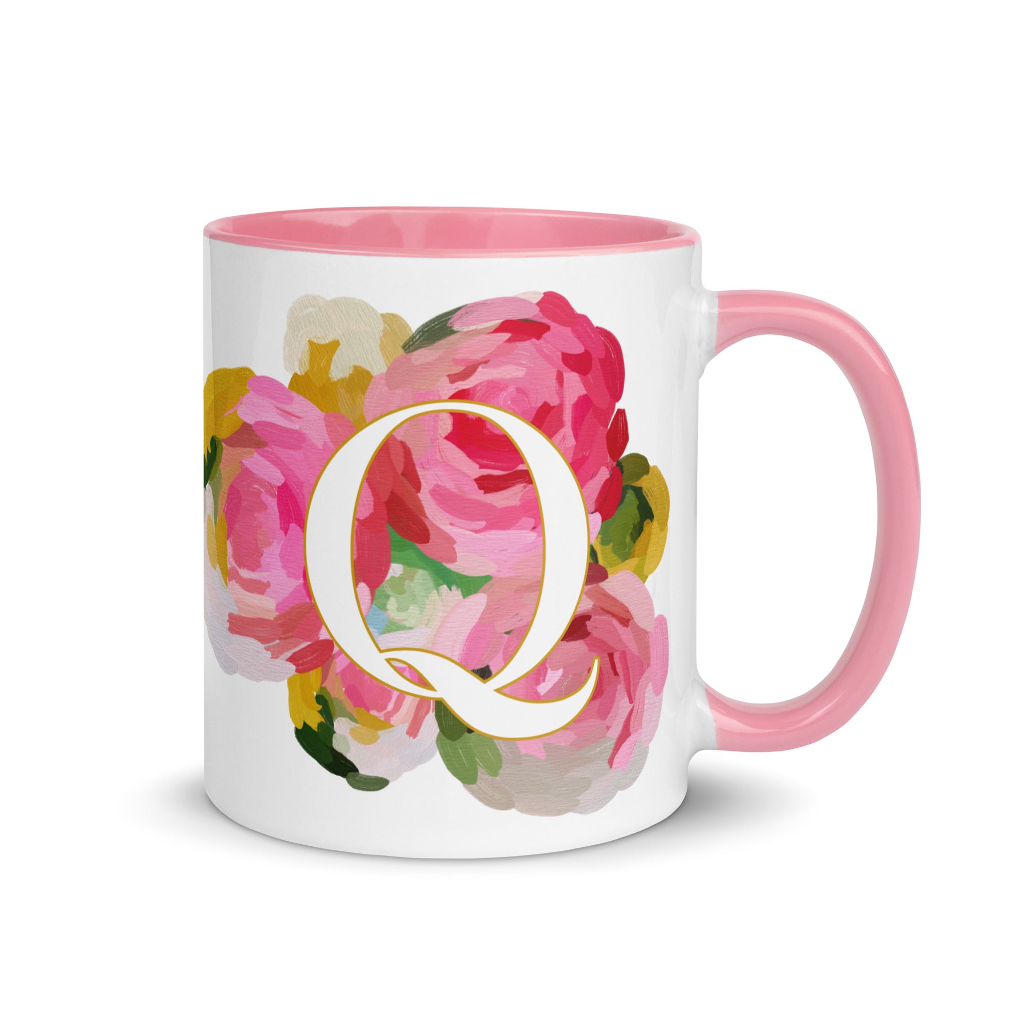 Pink Flowers Monogram Ceramic Mug - Letter Q - Pretty coffee and tea mug for flower lovers. Colored on the inside and the handle. Art by Parima Studio. Chic floral mug