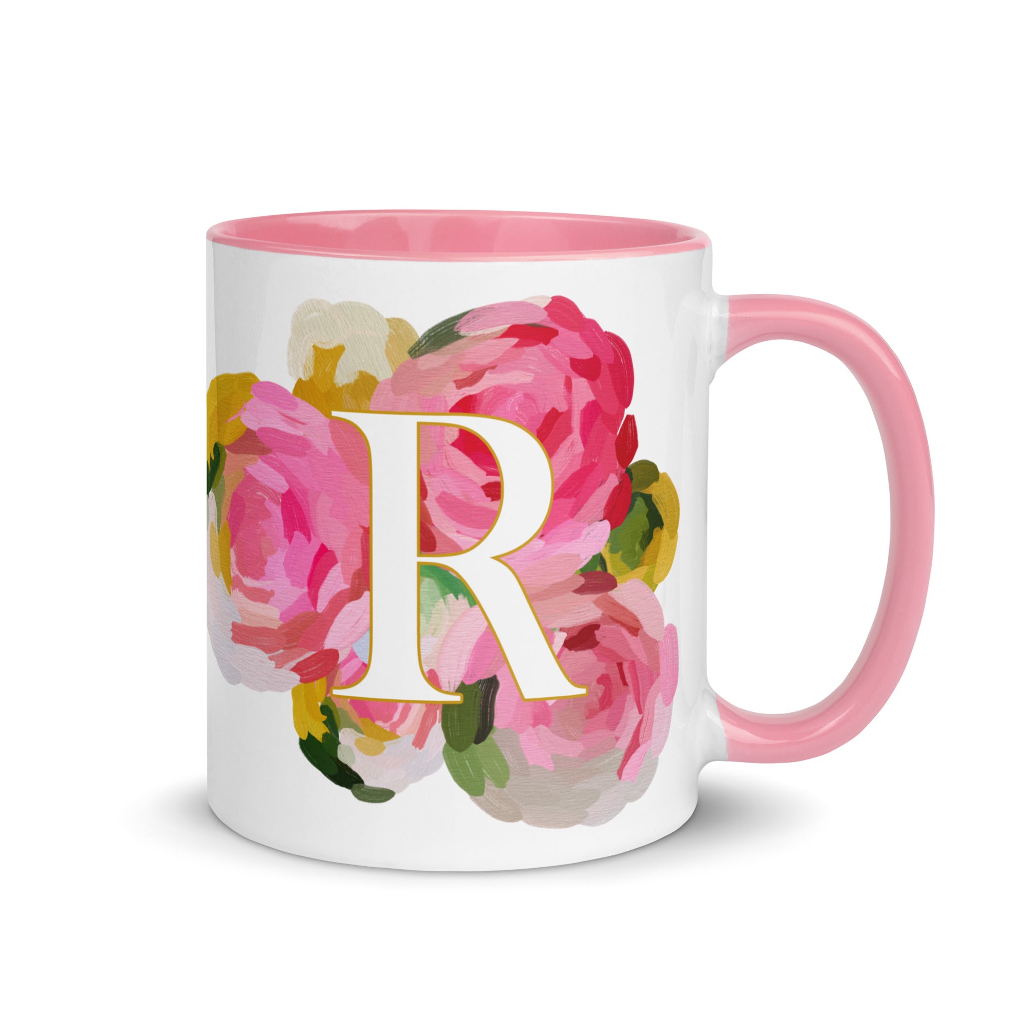 Pink Flowers Monogram Ceramic Mug - Letter R - Pretty coffee and tea mug for flower lovers. Colored on the inside and the handle. Art by Parima Studio. Chic floral mug