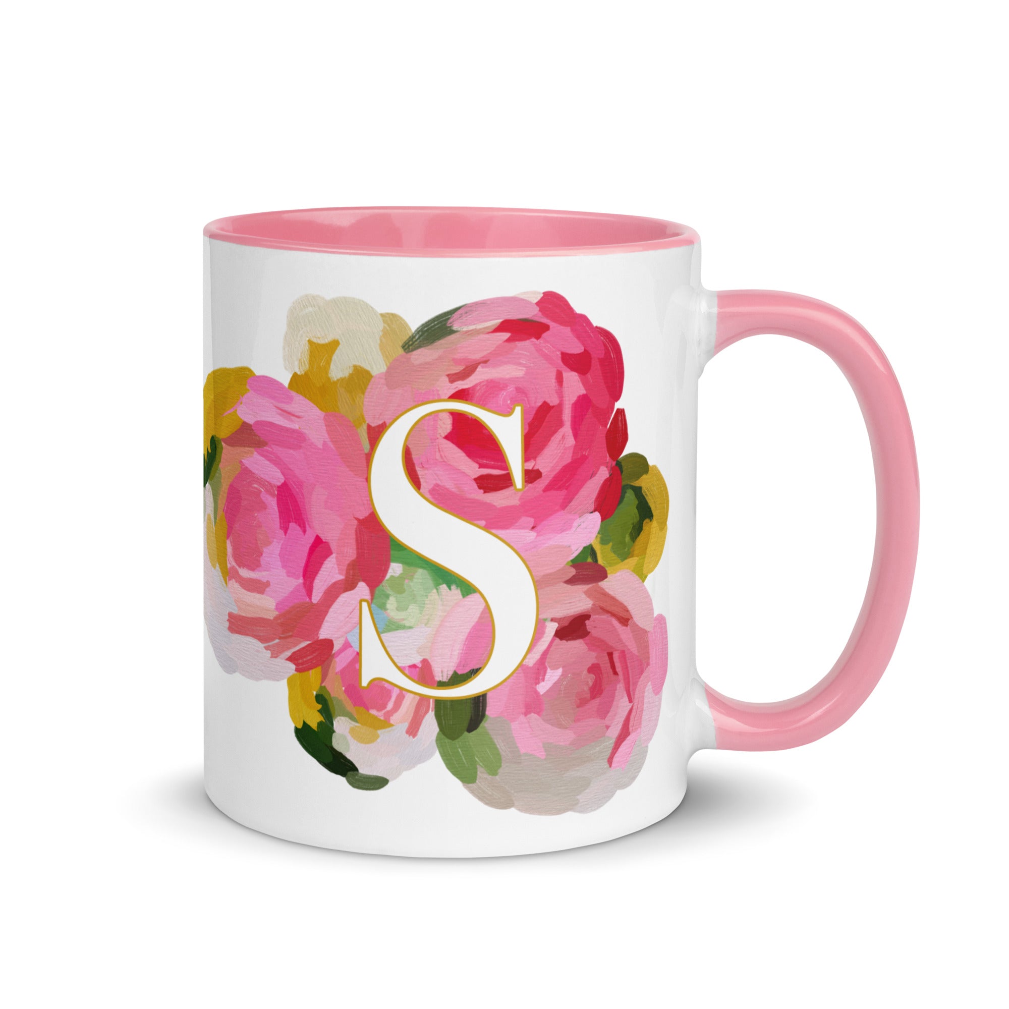 Pink Flowers Monogram Ceramic Mug - Letter S - Pretty coffee and tea mug for flower lovers. Colored on the inside and the handle. Art by Parima Studio. Chic floral mug