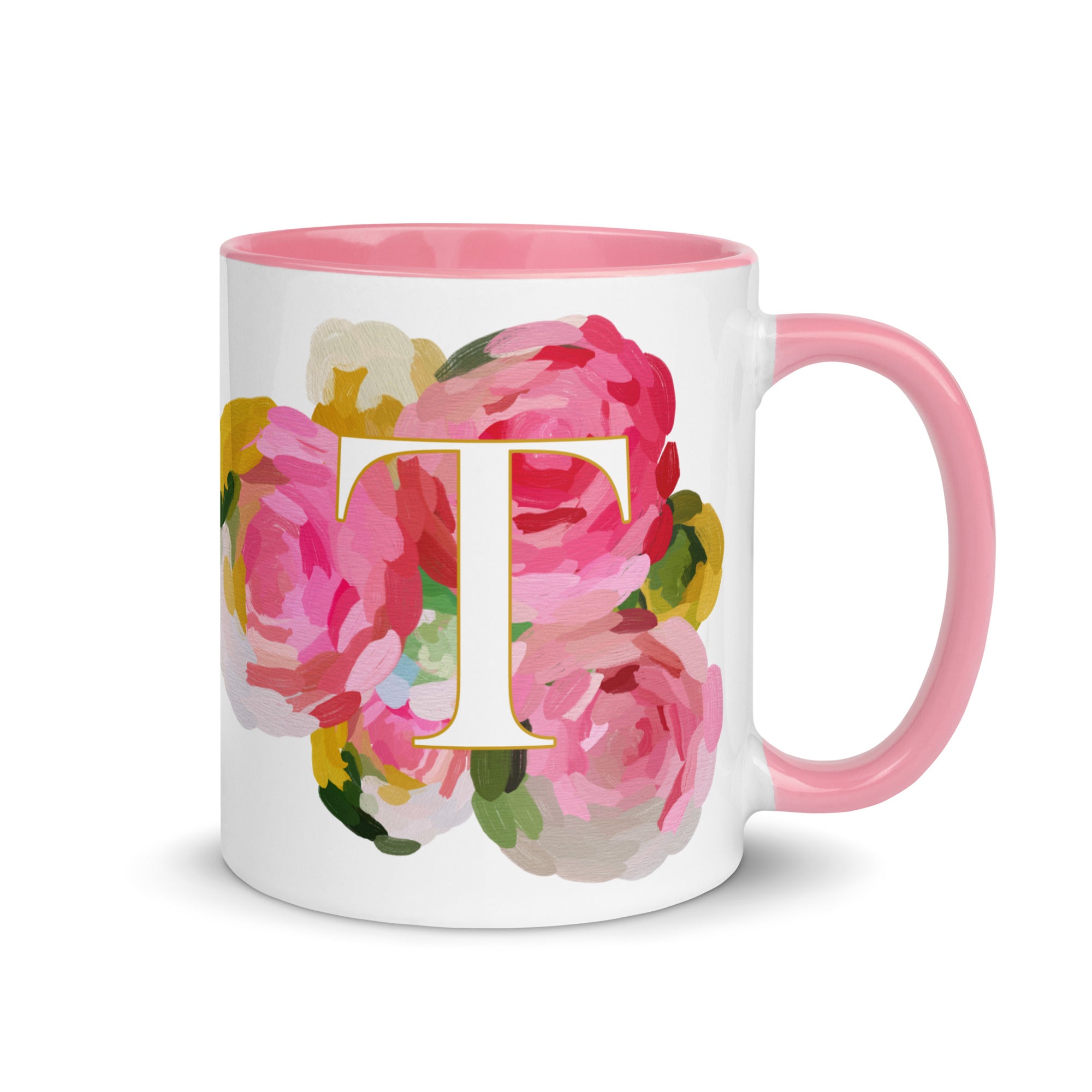 Pink Flowers Monogram Ceramic Mug - Letter T - Pretty coffee and tea mug for flower lovers. Colored on the inside and the handle. Art by Parima Studio. Chic floral mug
