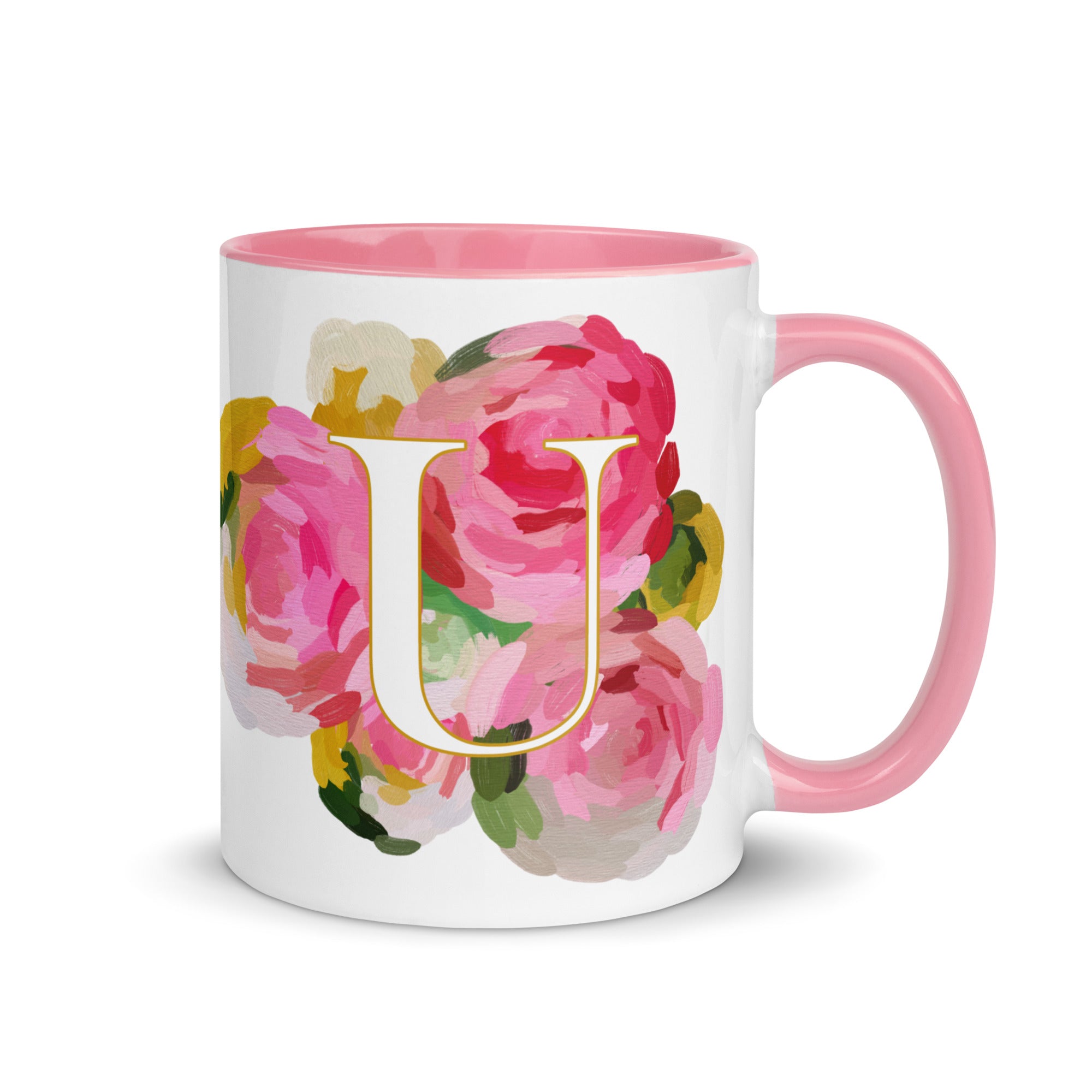 Pink Flowers Monogram Ceramic Mug - Letter U - Pretty coffee and tea mug for flower lovers. Colored on the inside and the handle. Art by Parima Studio. Chic floral mug