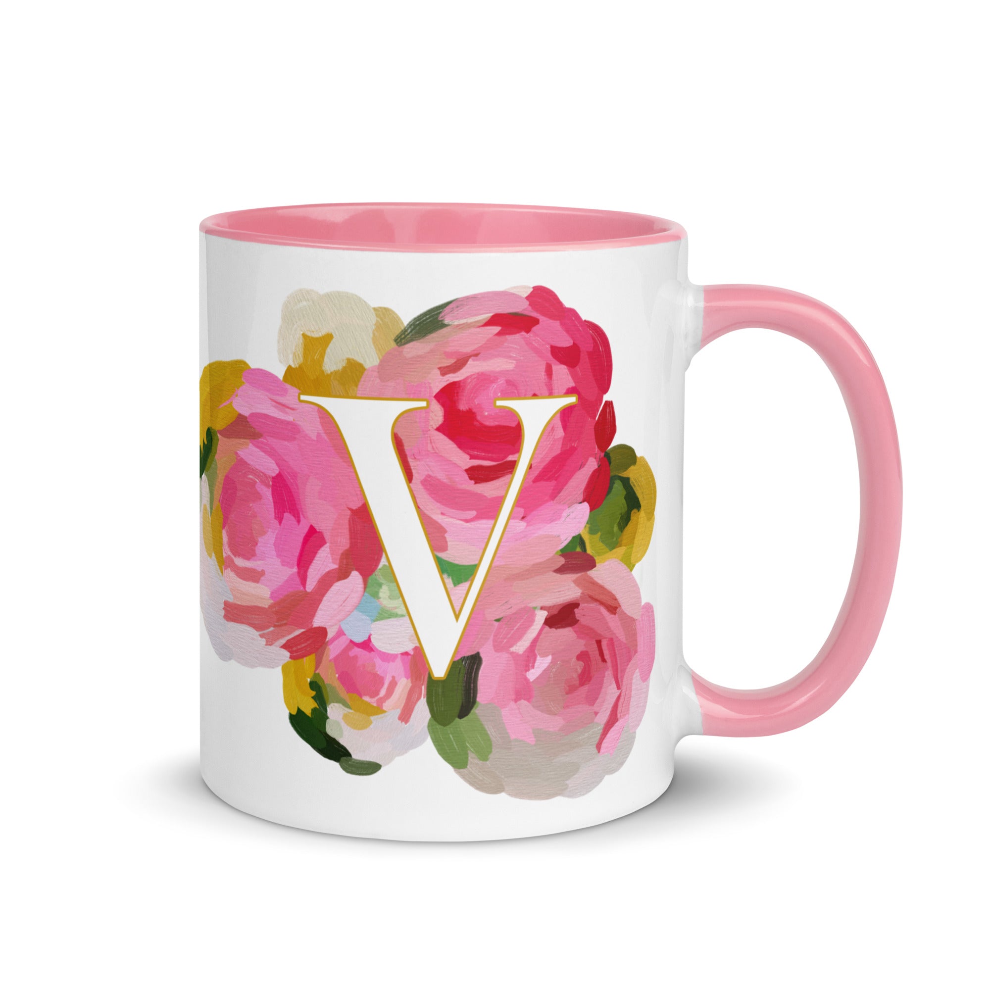 Pink Flowers Monogram Ceramic Mug - Letter V - Pretty coffee and tea mug for flower lovers. Colored on the inside and the handle. Art by Parima Studio. Chic floral mug