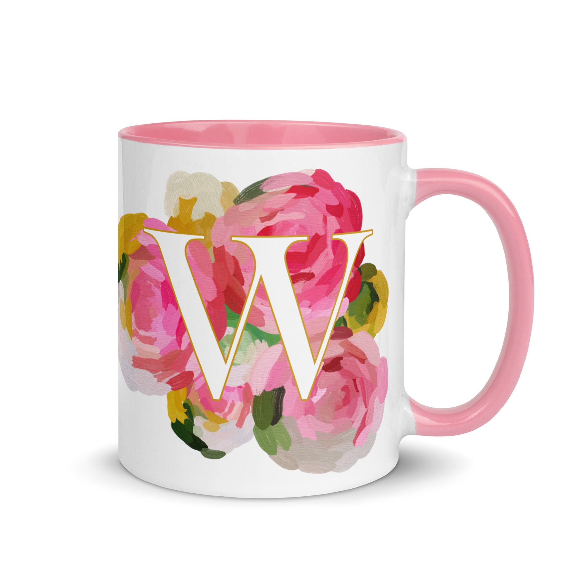 Pink Flowers Monogram Ceramic Mug - Letter W - Pretty coffee and tea mug for flower lovers. Colored on the inside and the handle. Art by Parima Studio. Chic floral mug