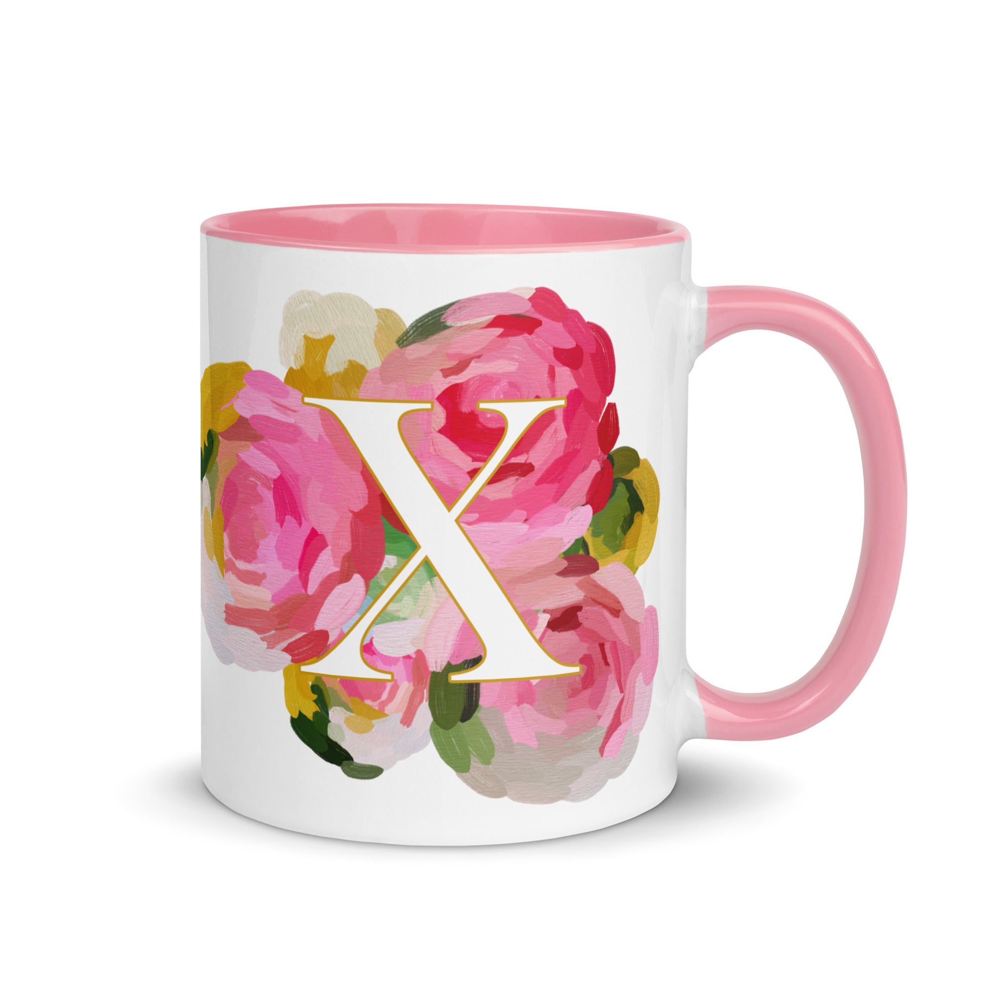 Pink Flowers Monogram Ceramic Mug - Letter X - Pretty coffee and tea mug for flower lovers. Colored on the inside and the handle. Art by Parima Studio. Chic floral mug