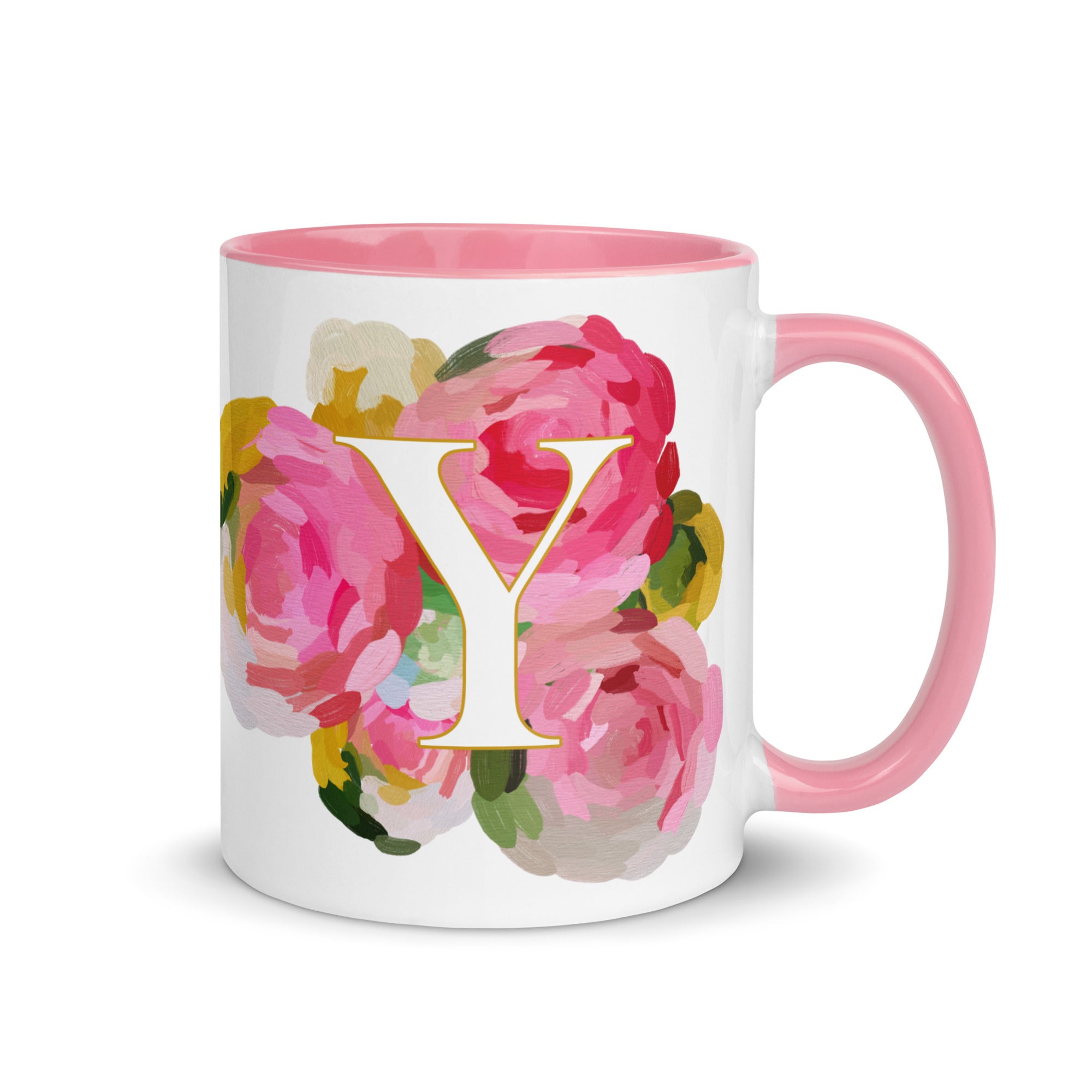 Pink Flowers Monogram Ceramic Mug - Letter Y - Pretty coffee and tea mug for flower lovers. Colored on the inside and the handle. Art by Parima Studio. Chic floral mug