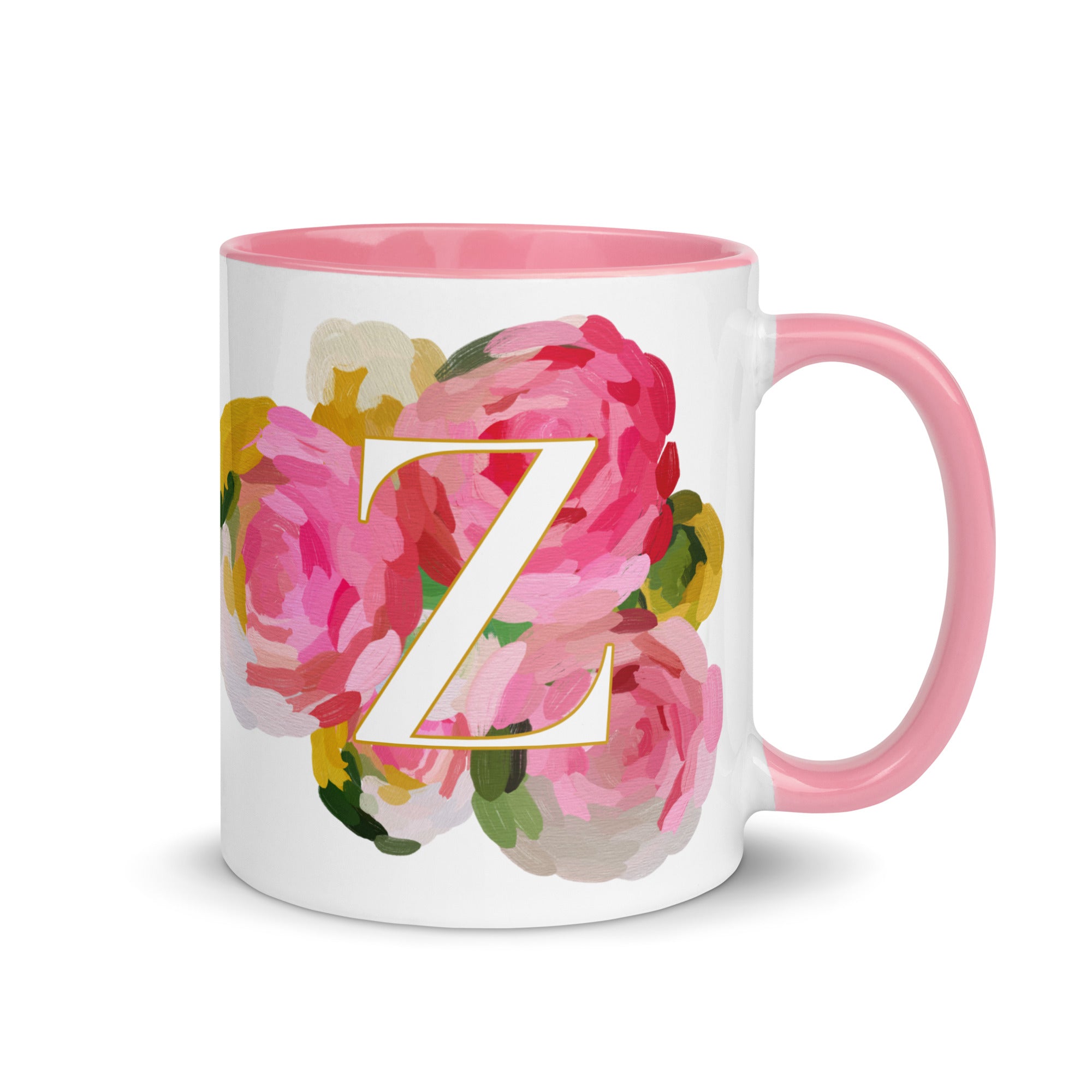 Pink Flowers Monogram Ceramic Mug - Letter Z - Pretty coffee and tea mug for flower lovers. Colored on the inside and the handle. Art by Parima Studio. Chic floral mug