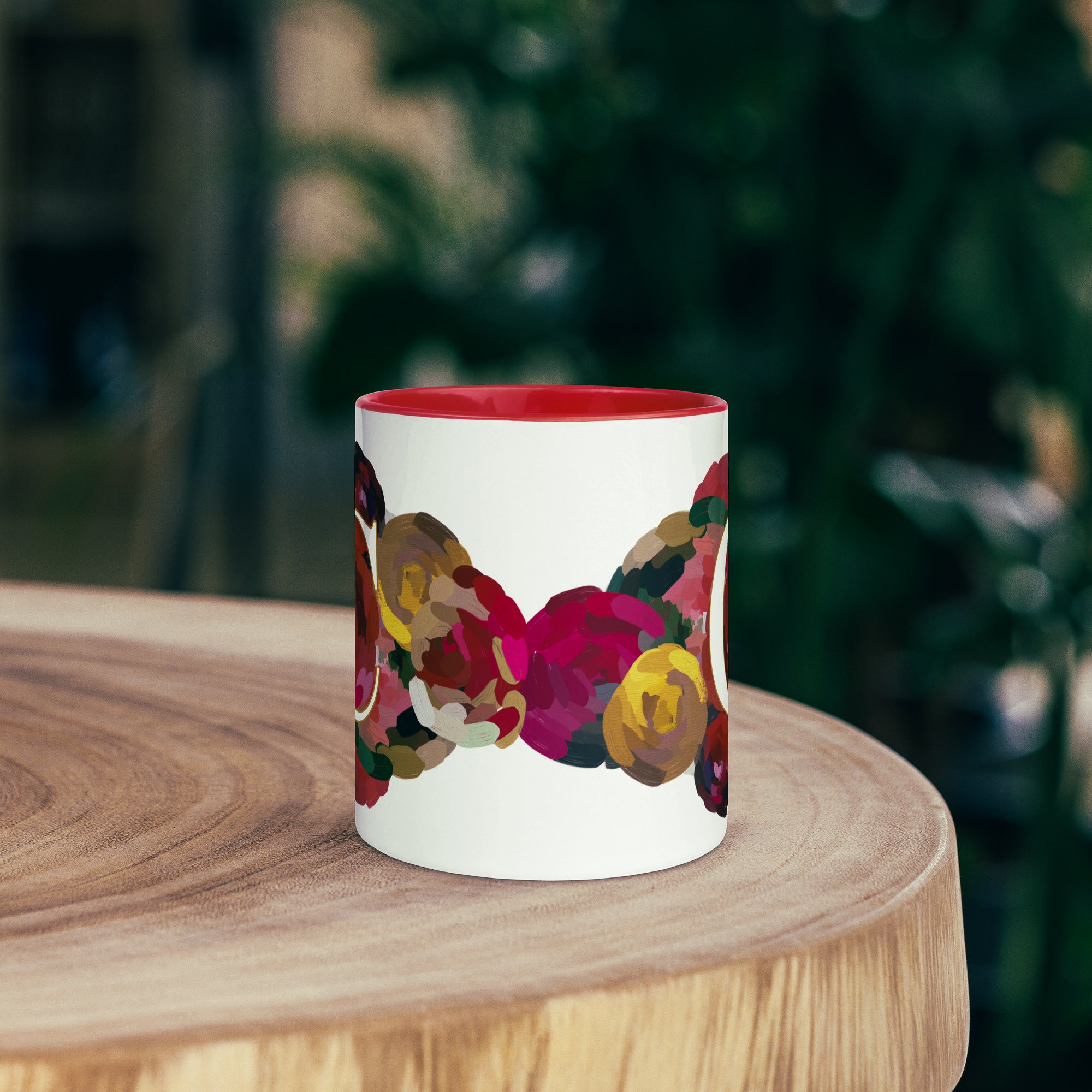 Crimson Flowers Monogram Ceramic Mug - Letter C - Pretty coffee and tea personalized mug for flower lovers. Gift for mom or her. Red colored on the inside and the handle. Art by Parima Studio. Chic floral mug