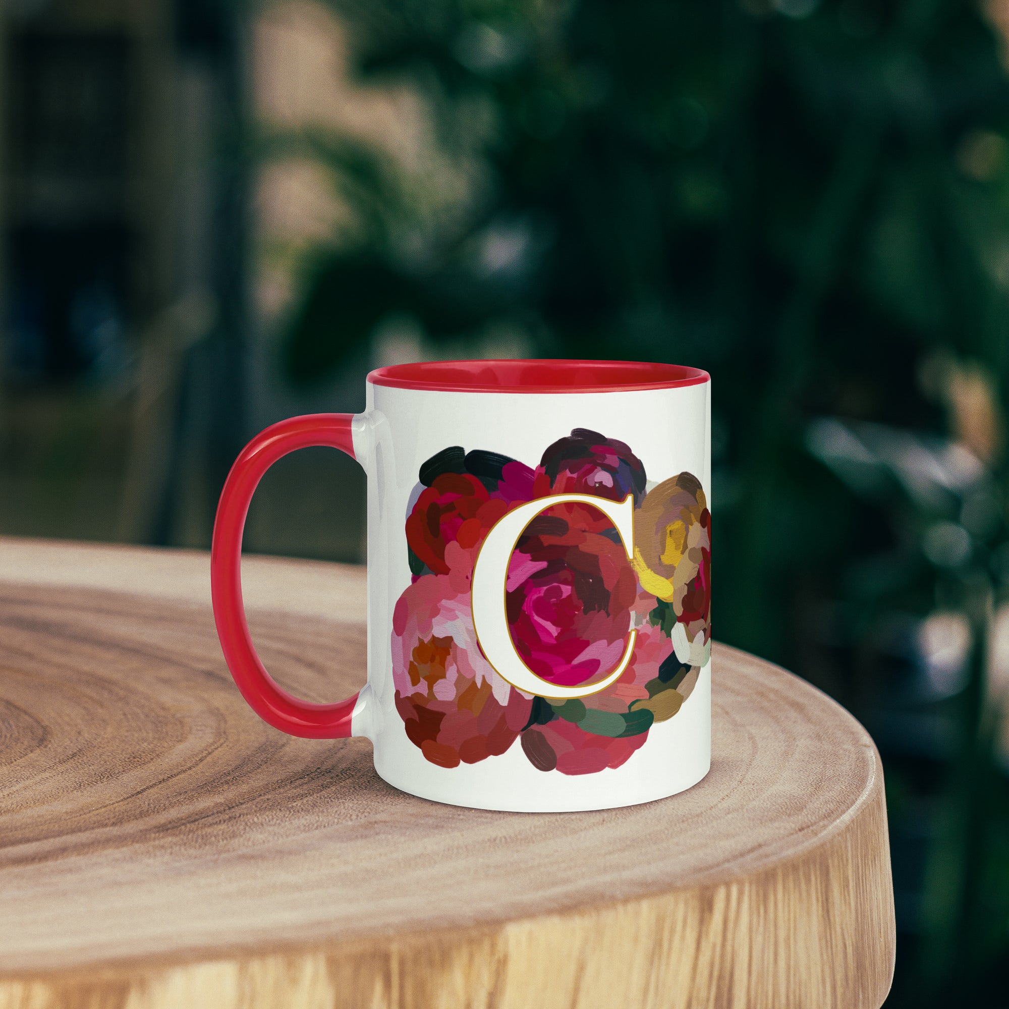 Crimson Flowers Monogram Ceramic Mug - Letter C - Pretty coffee and tea personalized mug for flower lovers. Gift for mom or her. Red colored on the inside and the handle. Art by Parima Studio. Chic floral mug