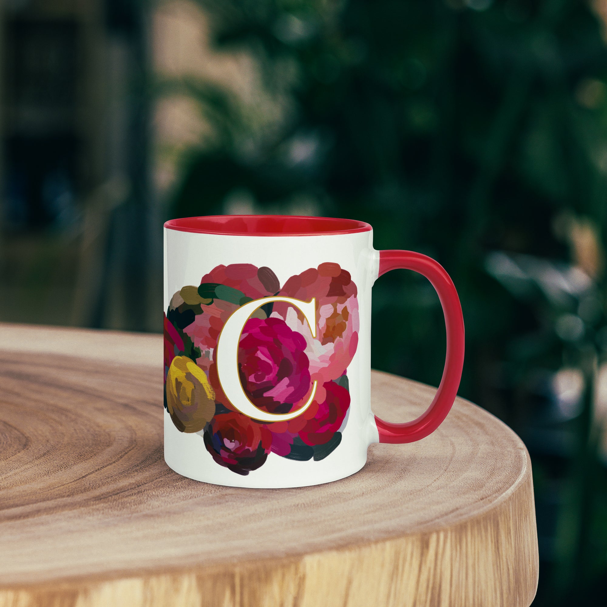 Crimson Flowers Monogram Ceramic Mug - Letter C - Pretty coffee and tea personalized mug for flower lovers. Gift for mom or her. Red colored on the inside and the handle. Art by Parima Studio. Chic floral mug