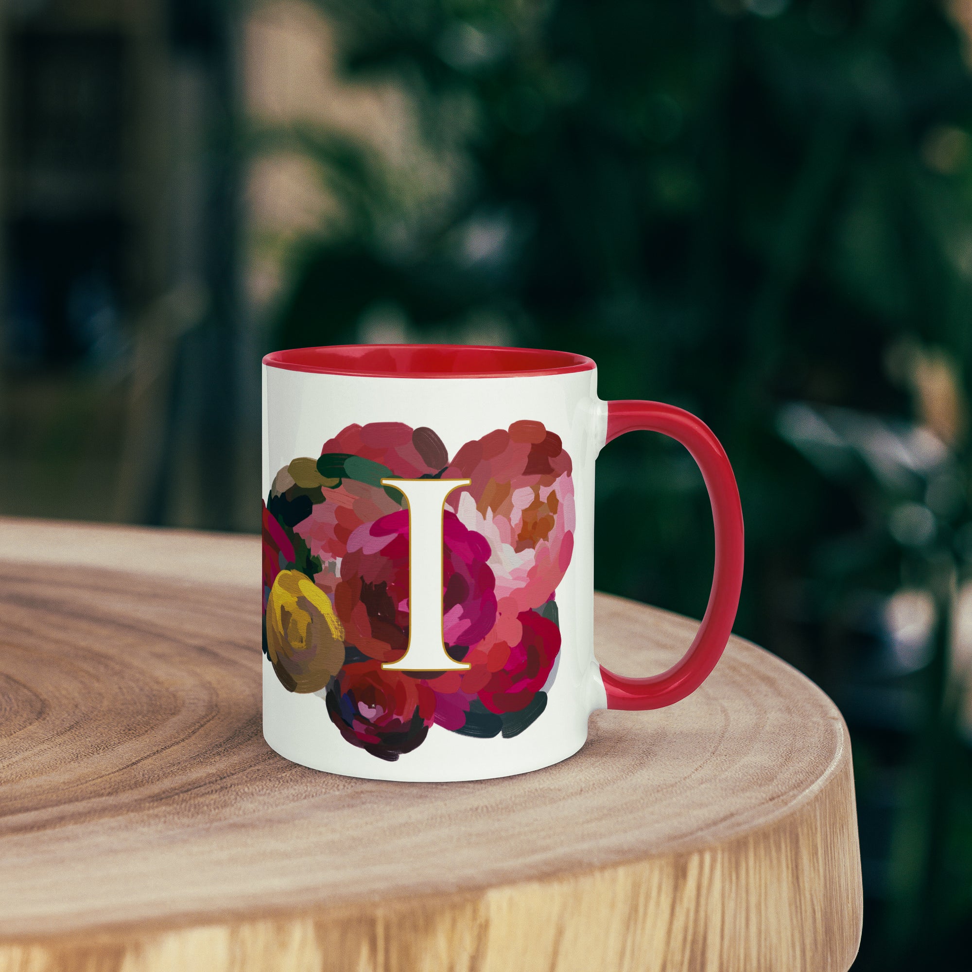 Crimson Flowers - Monogram Mug - I