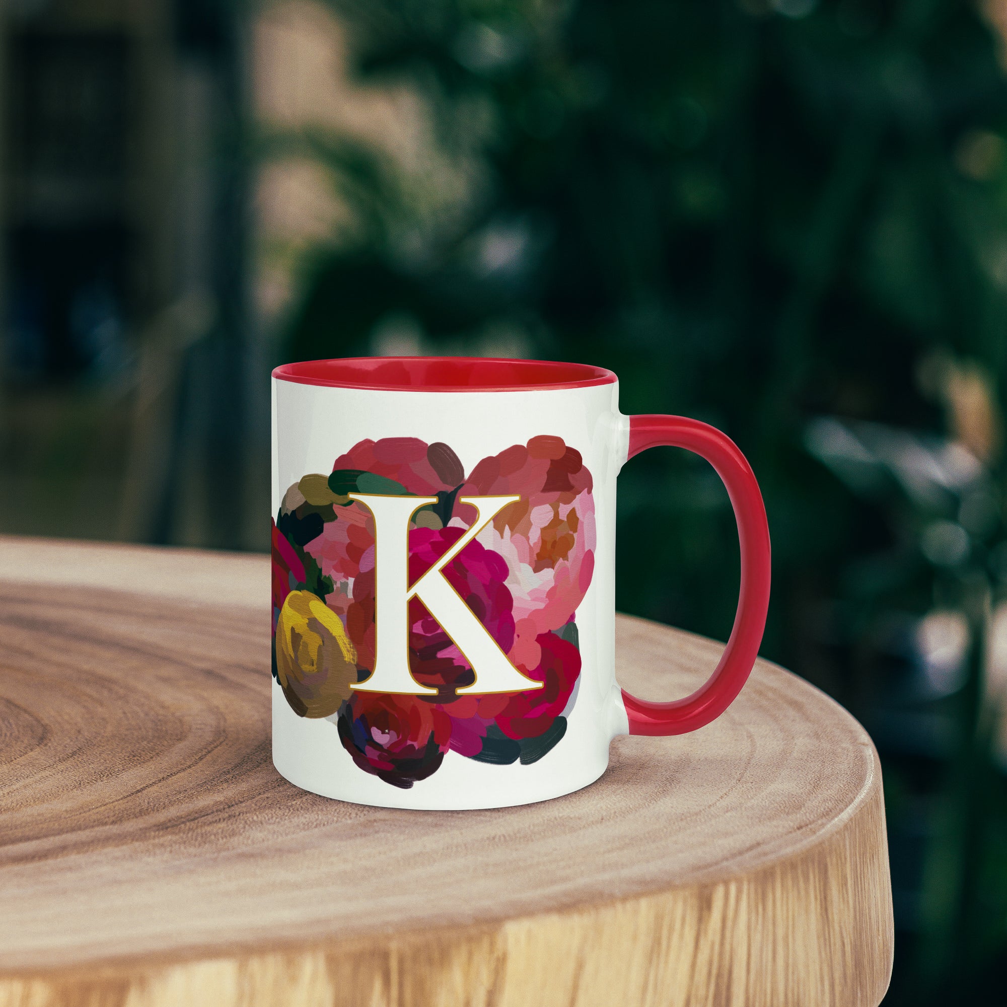Crimson Flowers - Monogram Mug - K