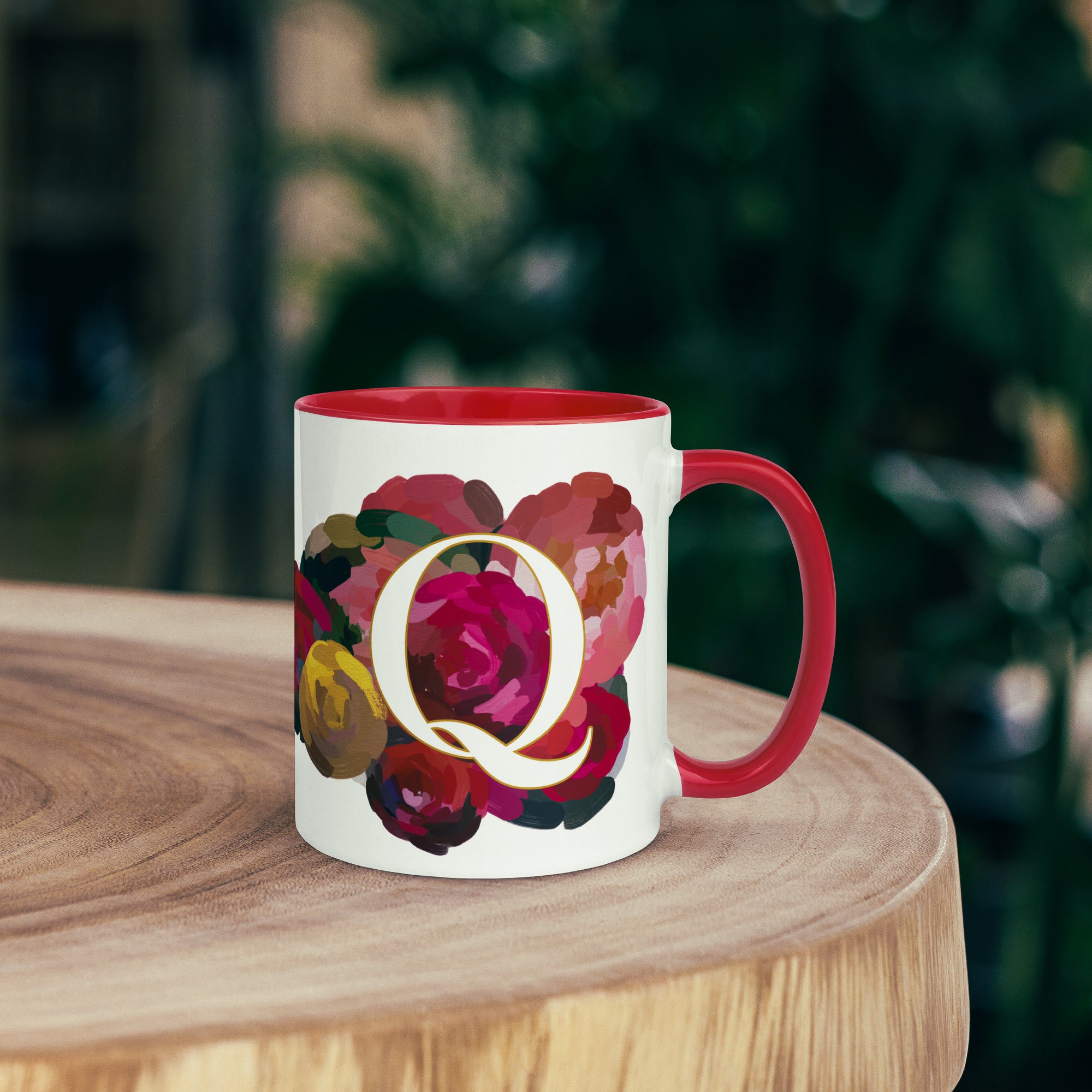 Crimson Flowers - Monogram Mug - Q