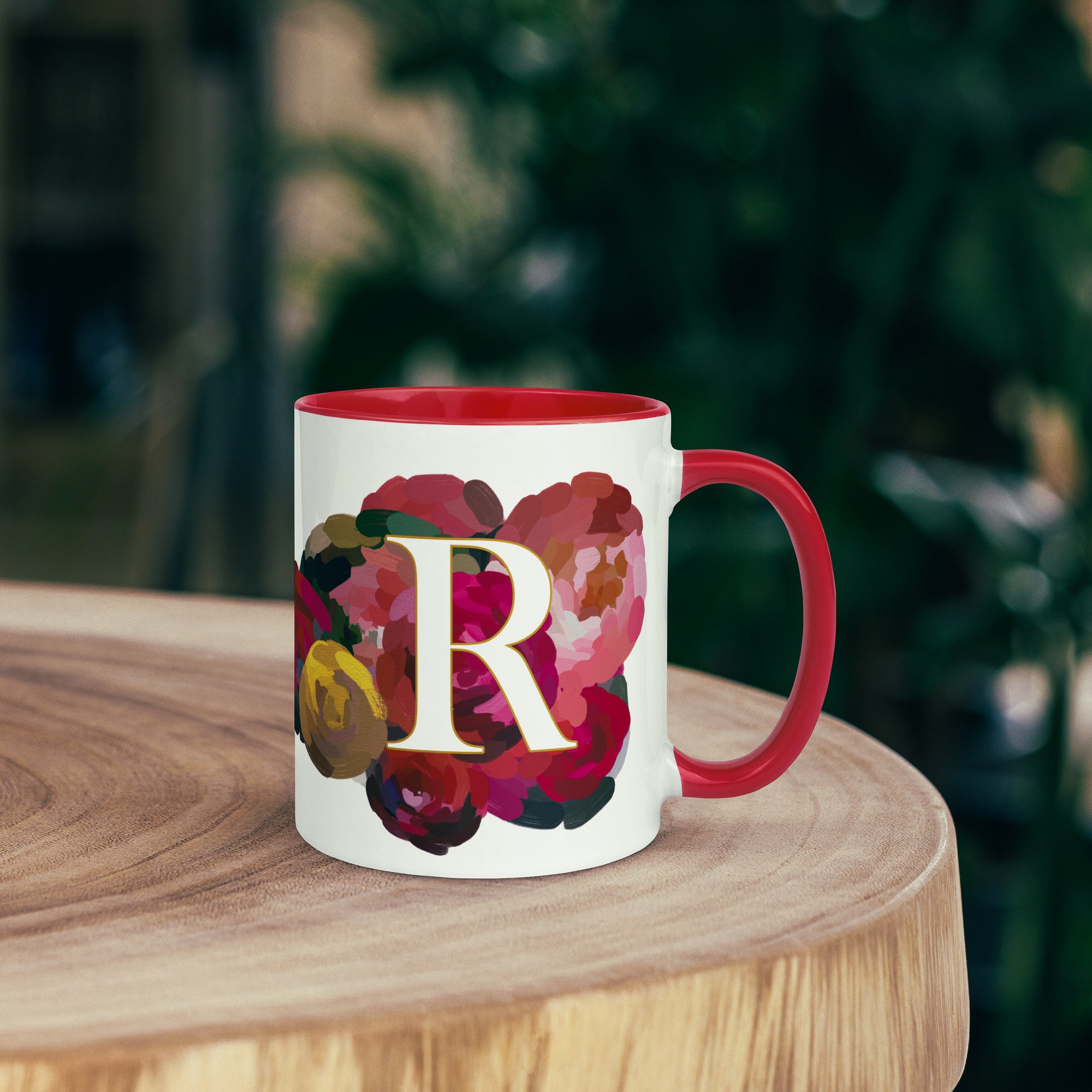 Crimson Flowers - Monogram Mug - R
