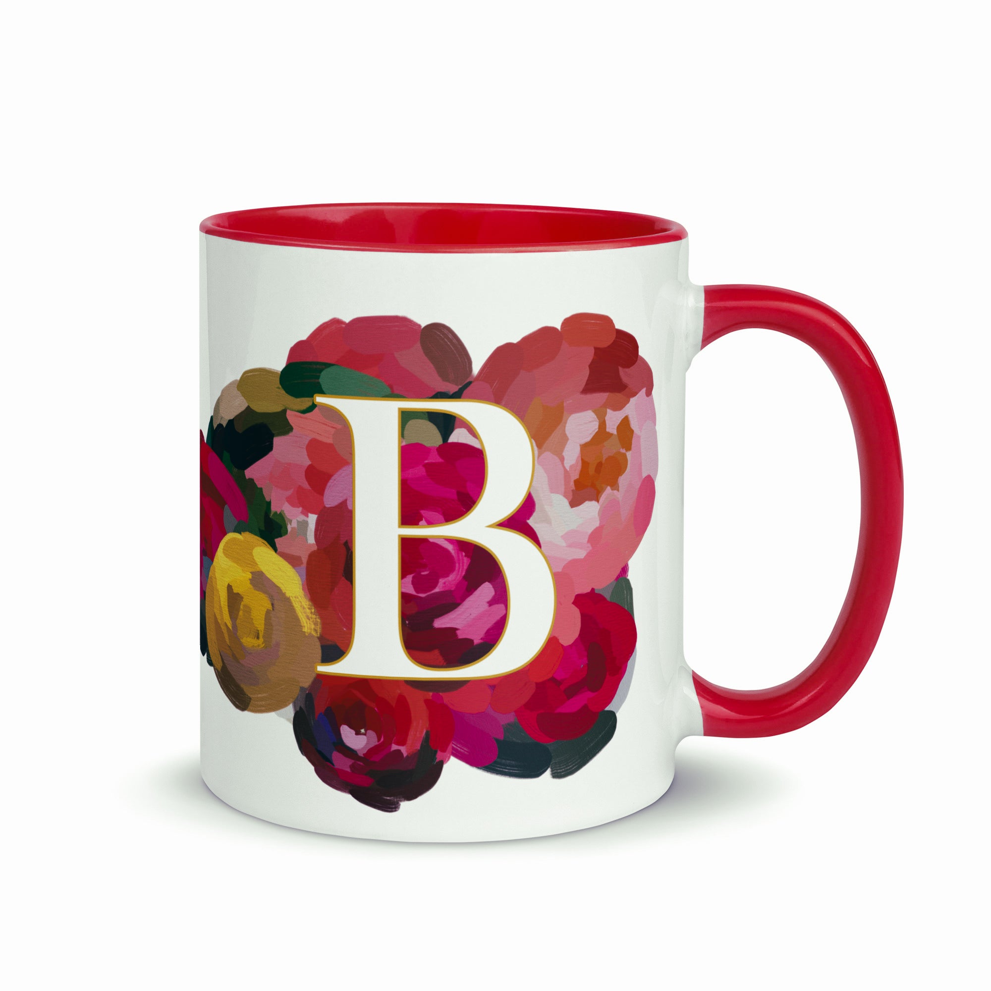 Crimson Flowers Monogram Ceramic Mug - Letter B - Pretty coffee and tea personalized mug for flower lovers. Gift for mom or her. Red colored on the inside and the handle. Art by Parima Studio. Chic floral mug