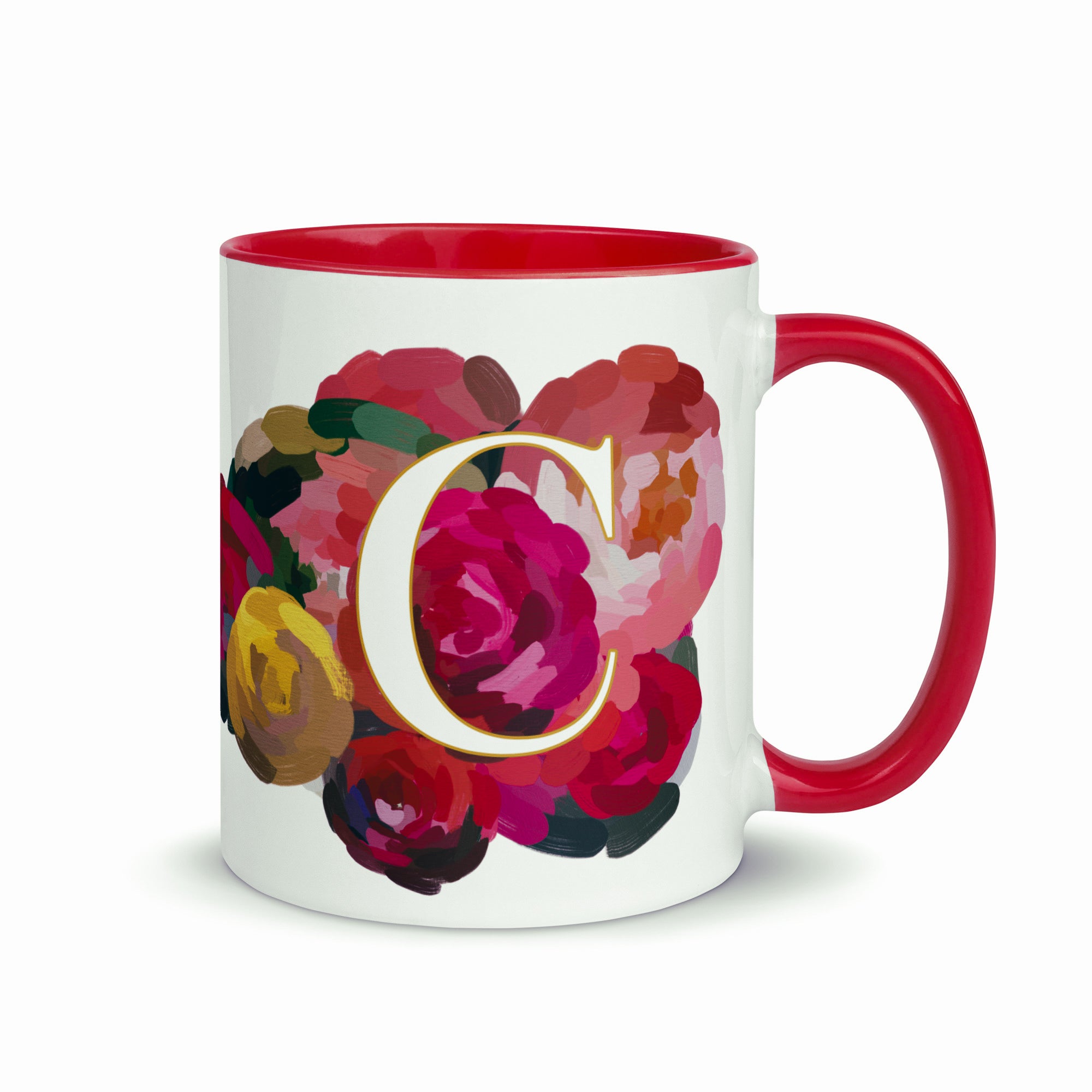 Crimson Flowers Monogram Ceramic Mug - Letter C - Pretty coffee and tea personalized mug for flower lovers. Gift for mom or her. Red colored on the inside and the handle. Art by Parima Studio. Chic floral mug