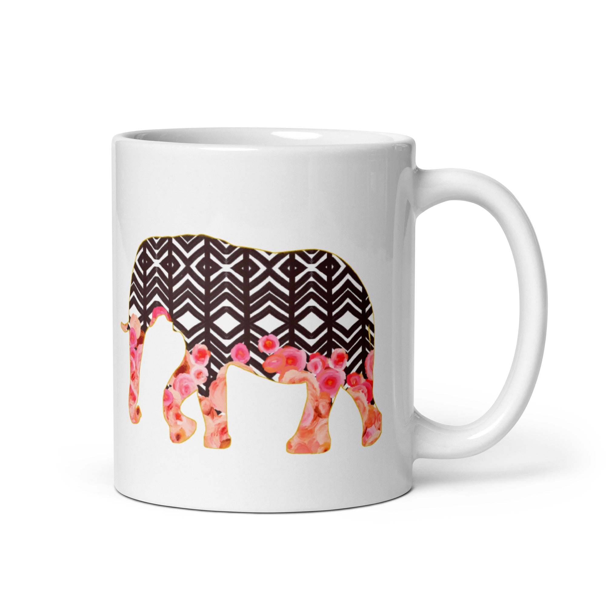 Elephant No.2 Ceramic Mug - Floral and Fauna pattern whimsical art. Charming Pink Elephant