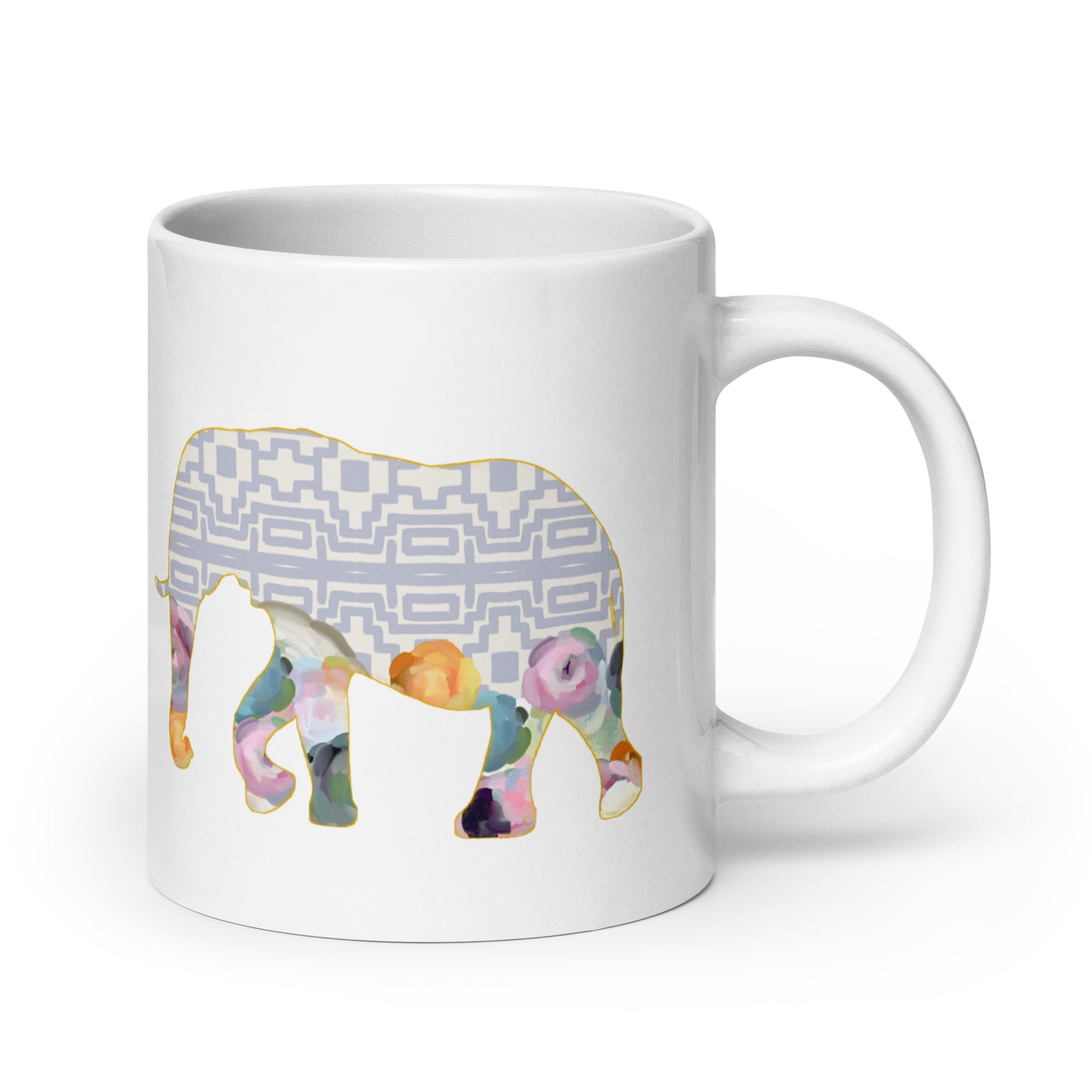 Elephant No.1 Ceramic Mug - Floral and Fauna pattern whimsical art. Charming Light Purple Elephant