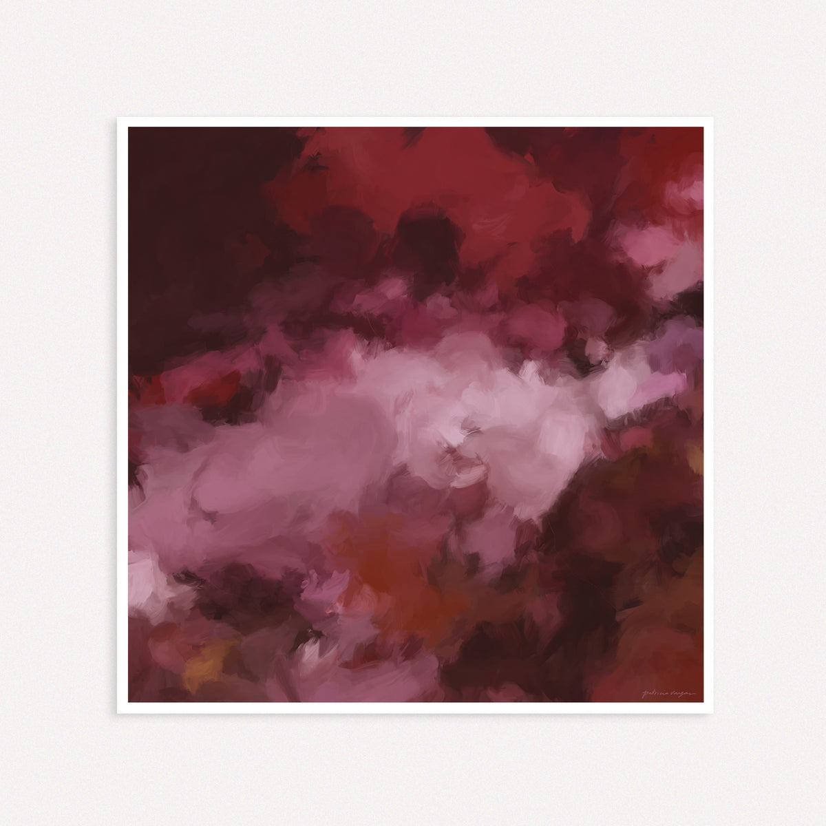 "Wholeheartedly No.1" red, pink, and purple dramatic and romantic square abstract wall art print for your home, hotel, or commercial space.
Art by Patricia Vargas of Parima Studio