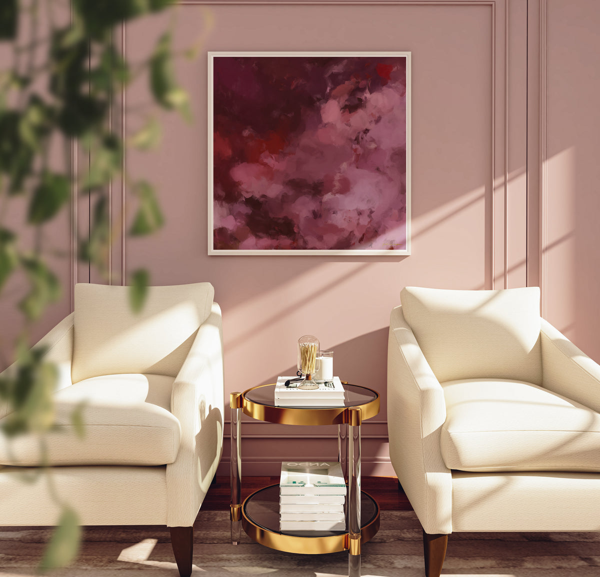 "Wholeheartedly No.2" red, pink, dramatic and romantic square abstract wall art print for your home, hotel, or commercial space.
Art over accent chairs on purple wall
Art by Patricia Vargas of Parima Studio