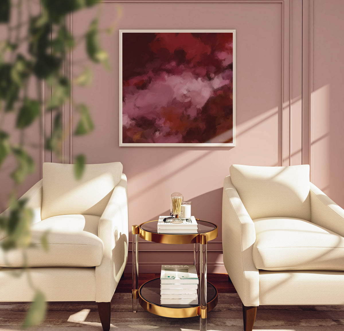 "Wholeheartedly No.1" red, pink, and purple dramatic and romantic square abstract wall art print for your home, hotel, or commercial space.
Art over two accent chairs in purple mauve room
Art by Patricia Vargas of Parima Studio