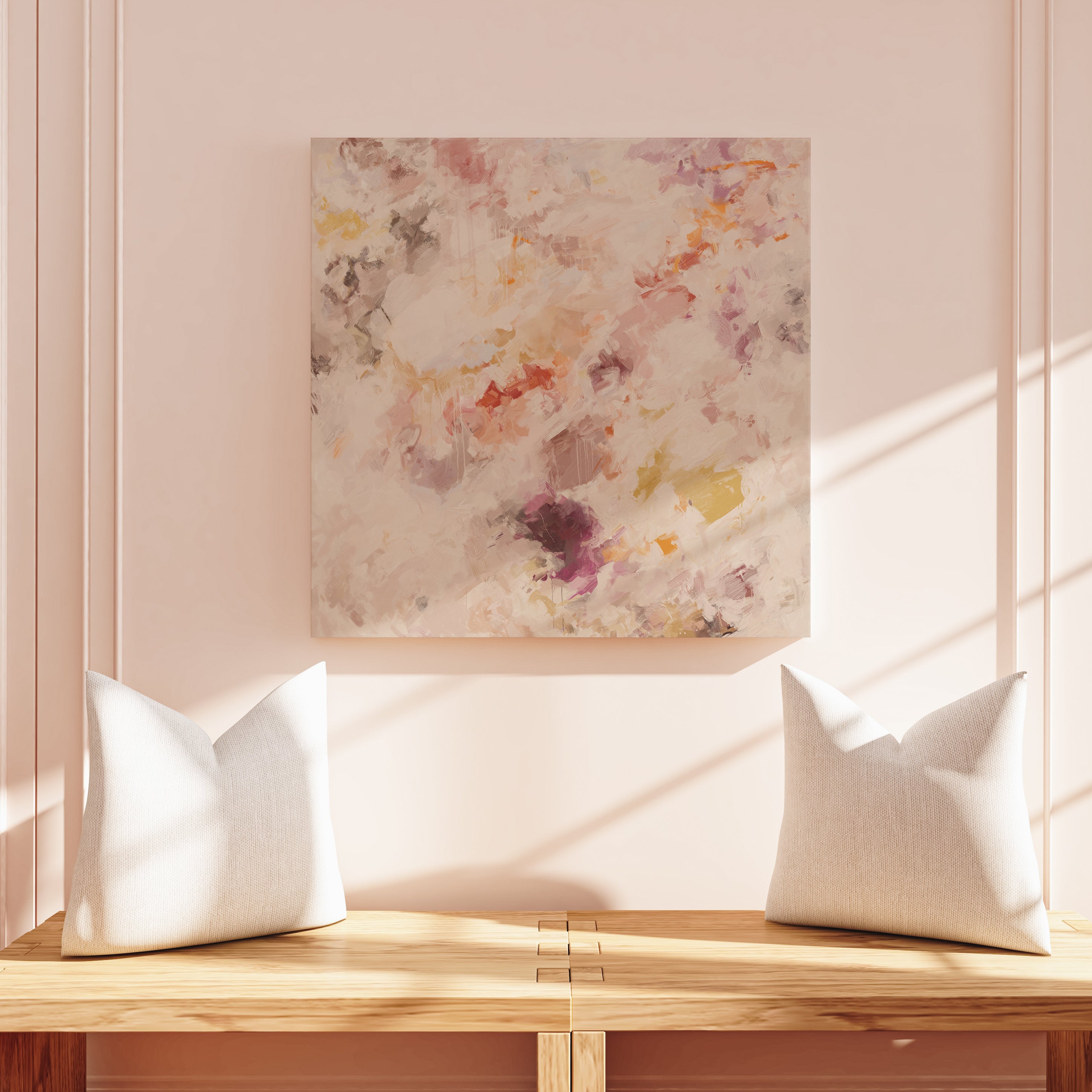 With Love, soft ethereal contemporary abstract wall art print by Parima Studio - Art in living room wall over bench with white pillows