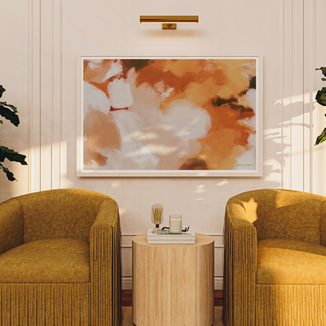 Zora, orange and pink colorful abstract wall art print by Parima Studio. Large horizontal art for reading area in great room