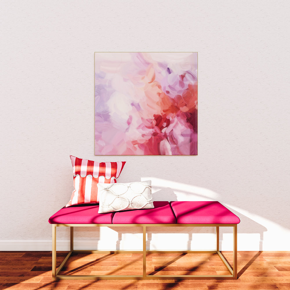 Aerial, pink and purple abstract art - wall art by Parima Studio - pink bench in hallway