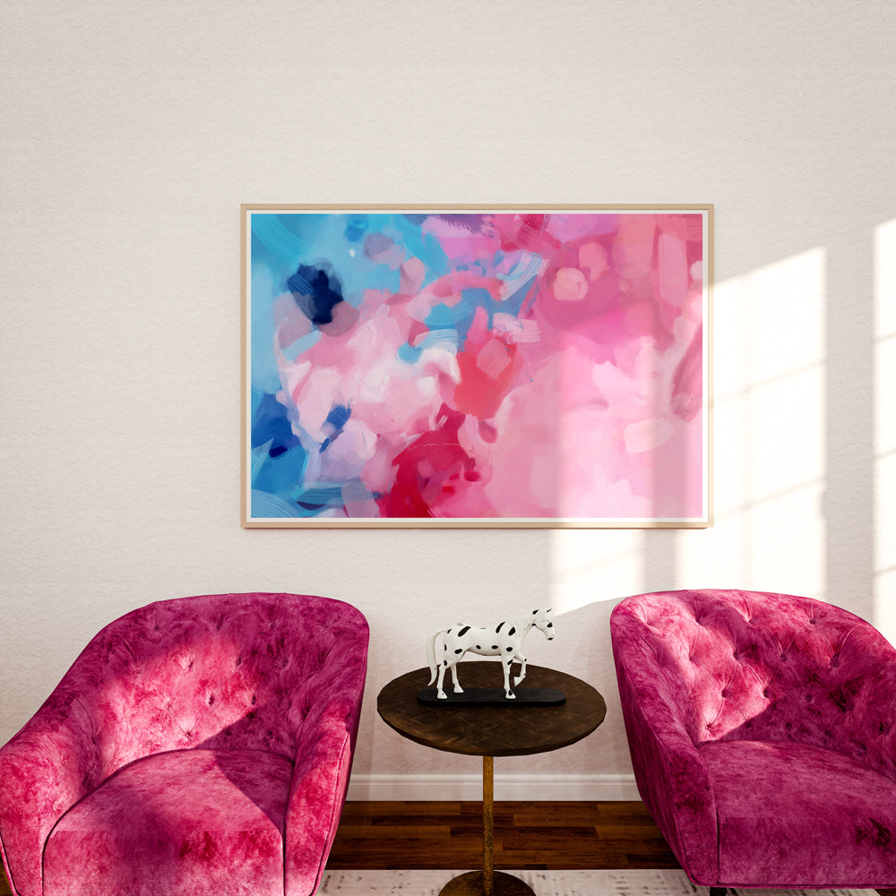 Alma, oversized pink and blue abstract wall art print for living room by Parima Studio