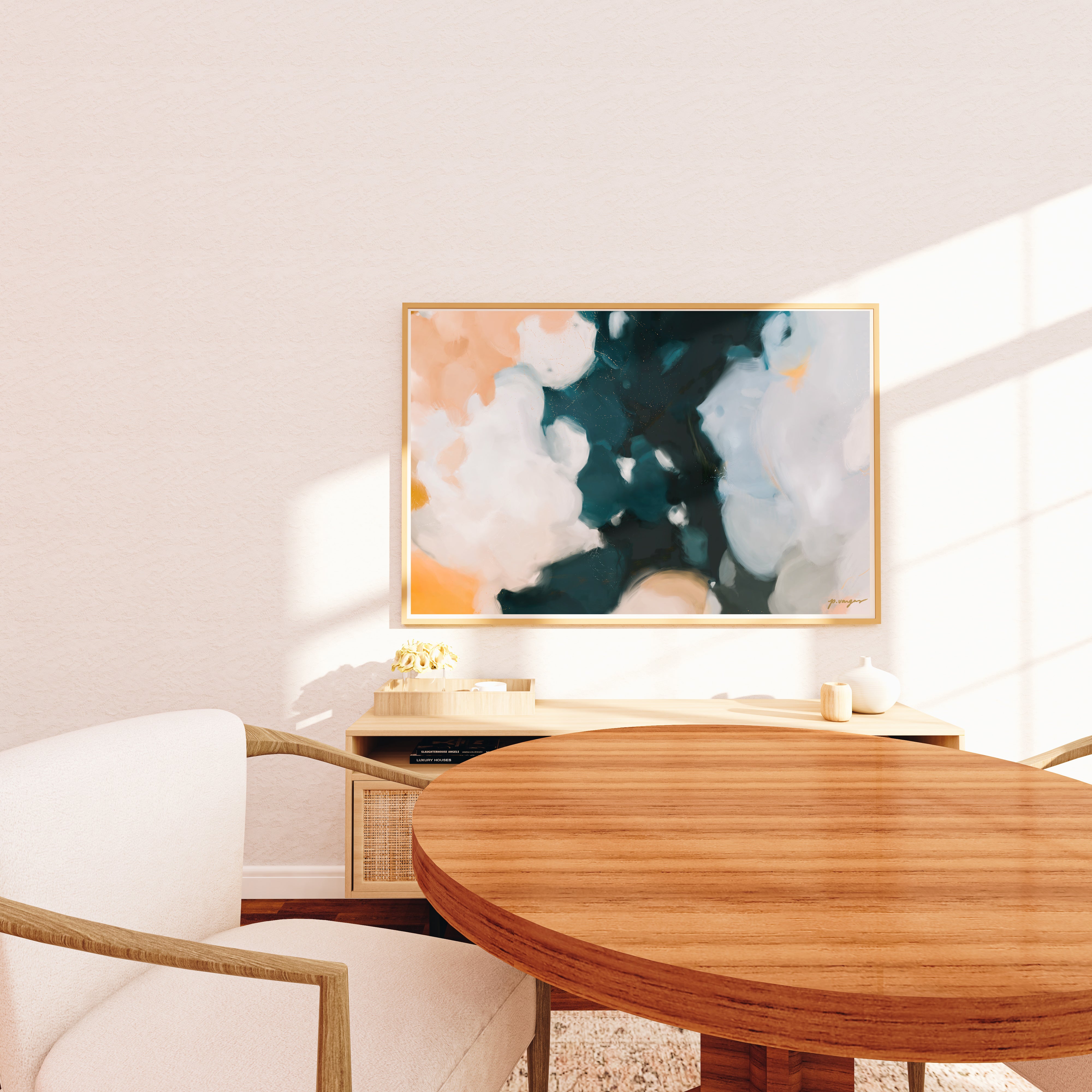 Arie, blue and orange large scale wall art print- abstract art by Parima Studio - Art over buffet in dining room