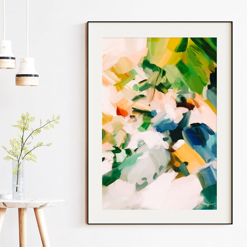 Birds of Paradise, green and yellow colorful abstract wall art print by Parima Studio. Large limited edition print for living space