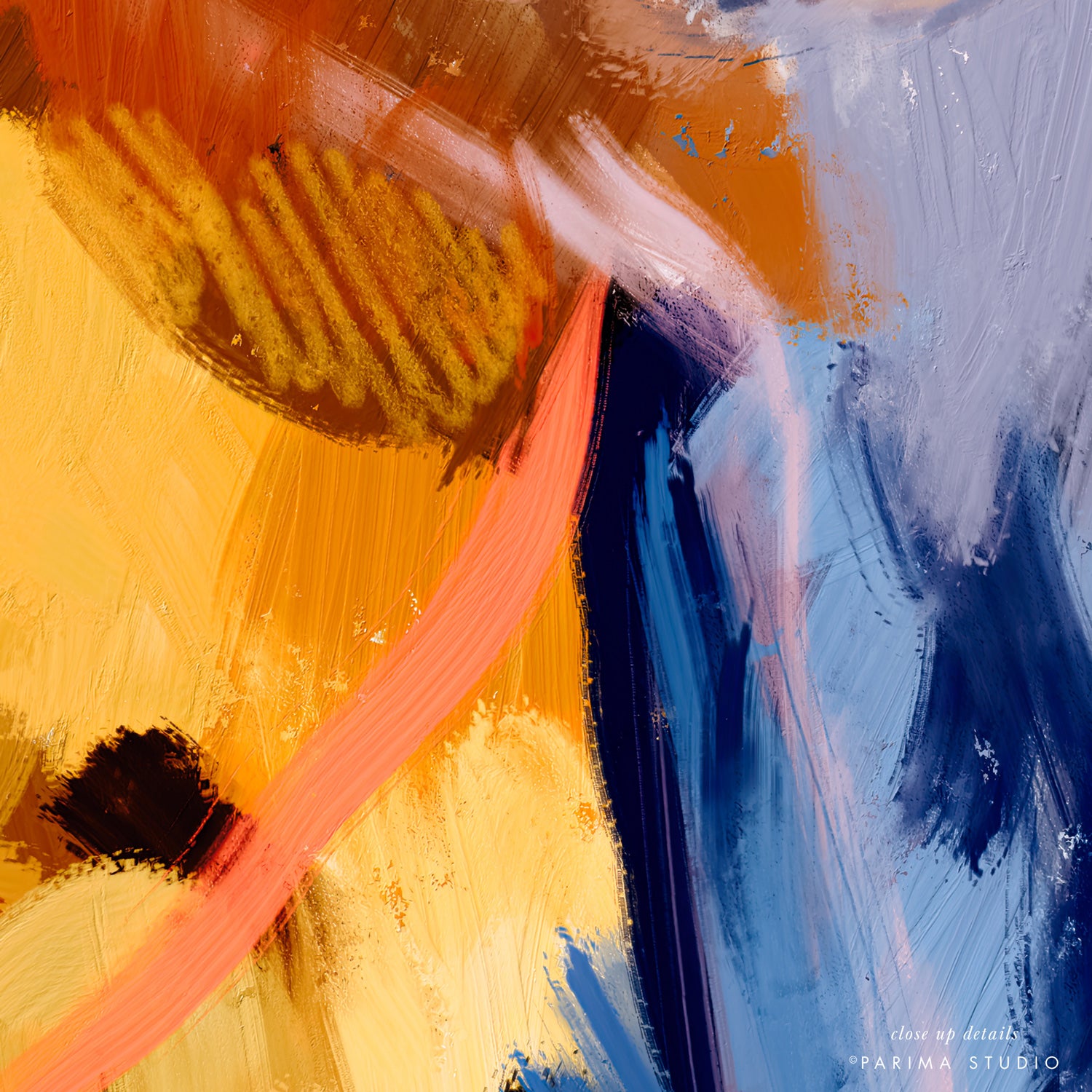 Close up of Daphne, bright multicolor abstract wall art print by Parima Studio - artist Patricia Vargas