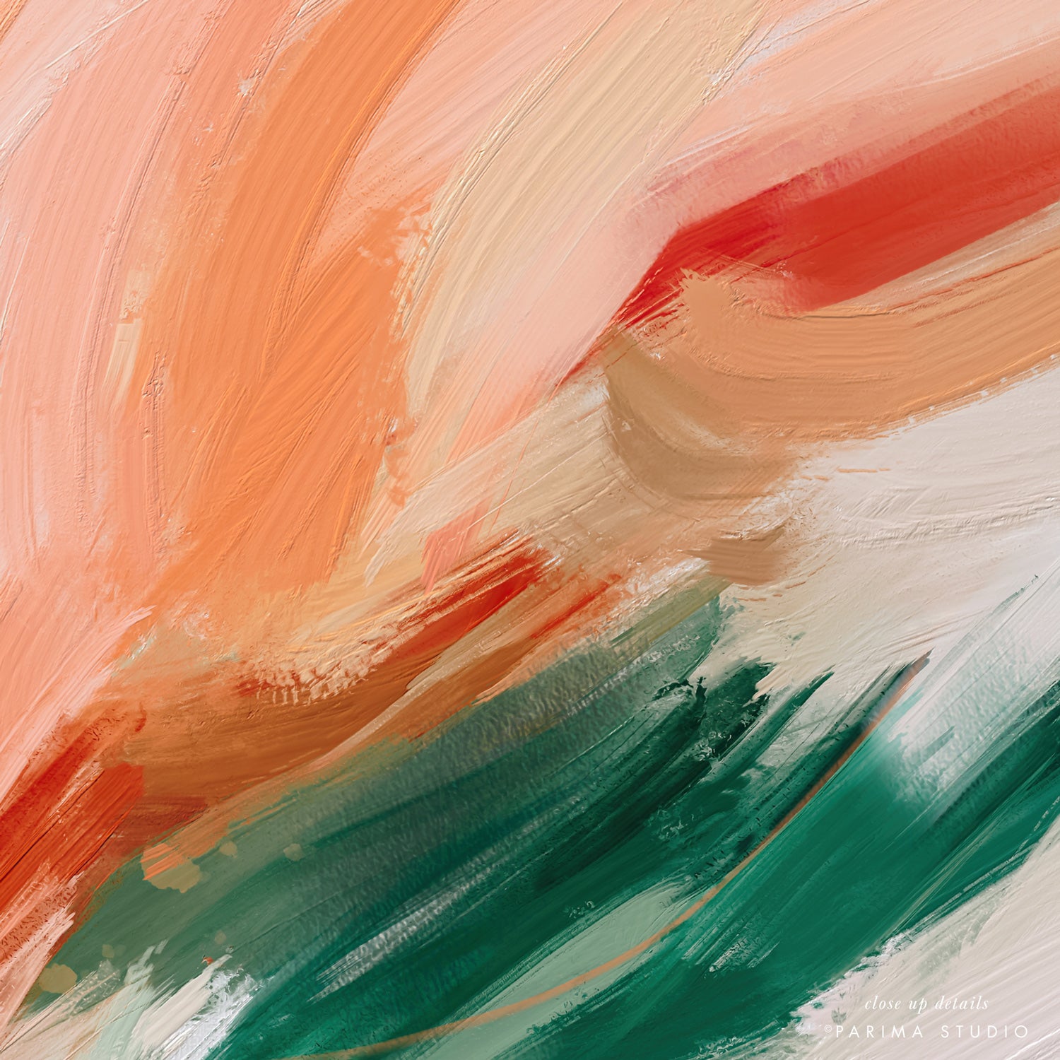 Details of Paola - bright light and airy abstract art - orange, pink, green. Wall art by Patricia Vargas of Parima Studio - Contemporary art