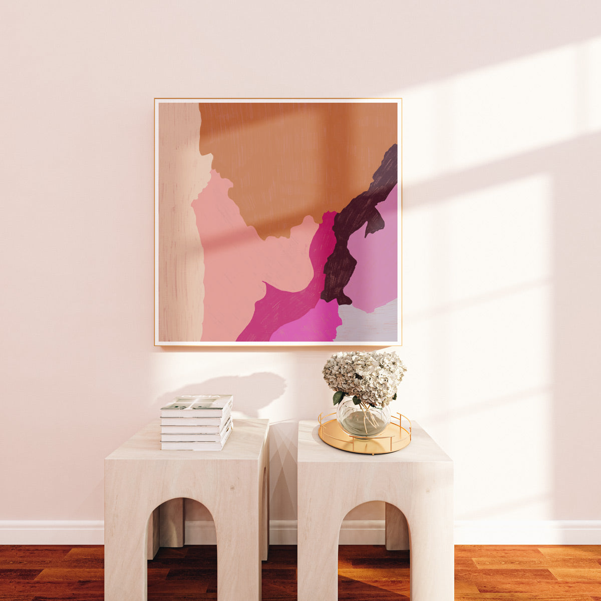 Color Field No.8, pink and brown colorful abstract wall art print by Parima Studio. Oversize square art for large living room wall